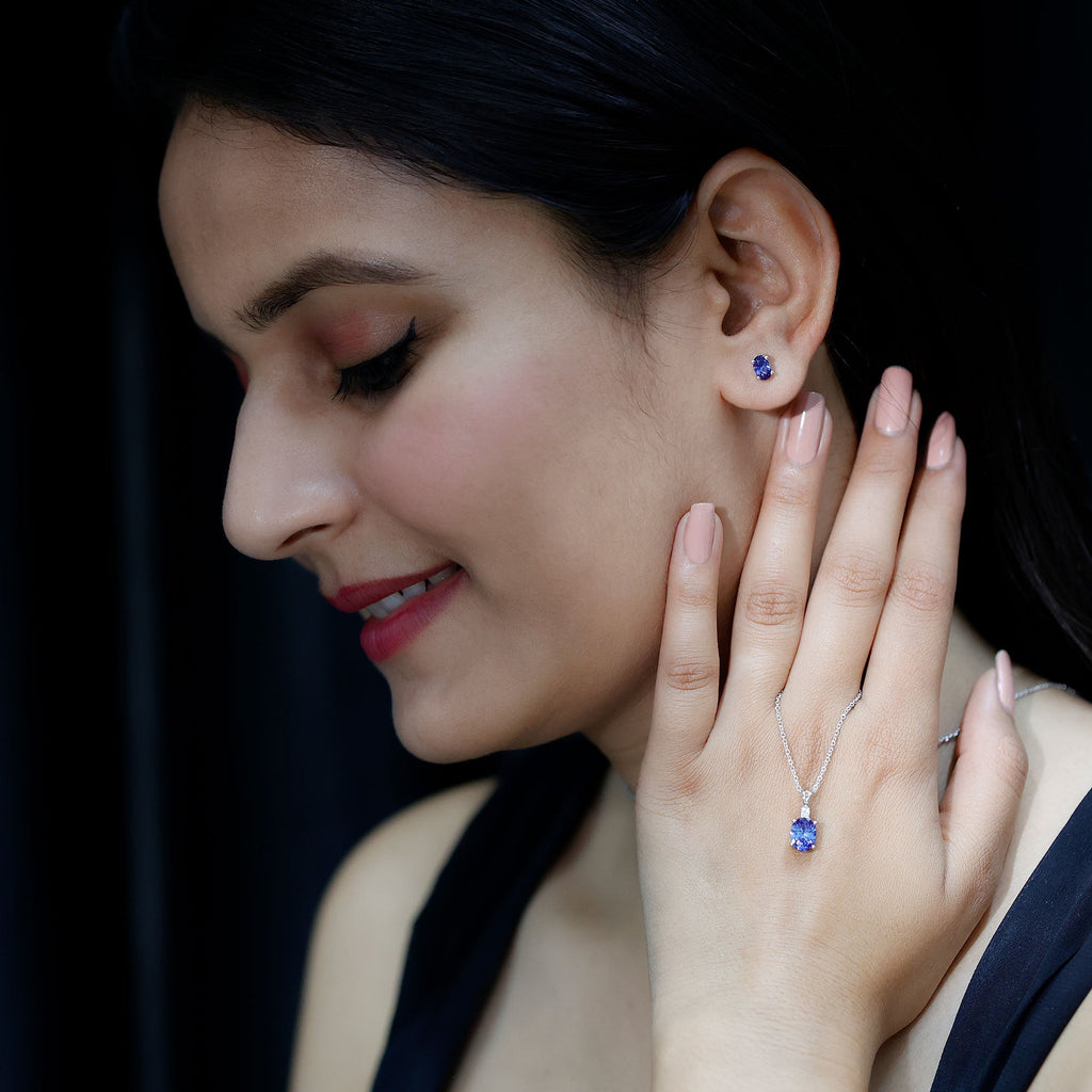 Oval Cut Lab Grown Blue Sapphire Bridal Necklace and Earrings Set