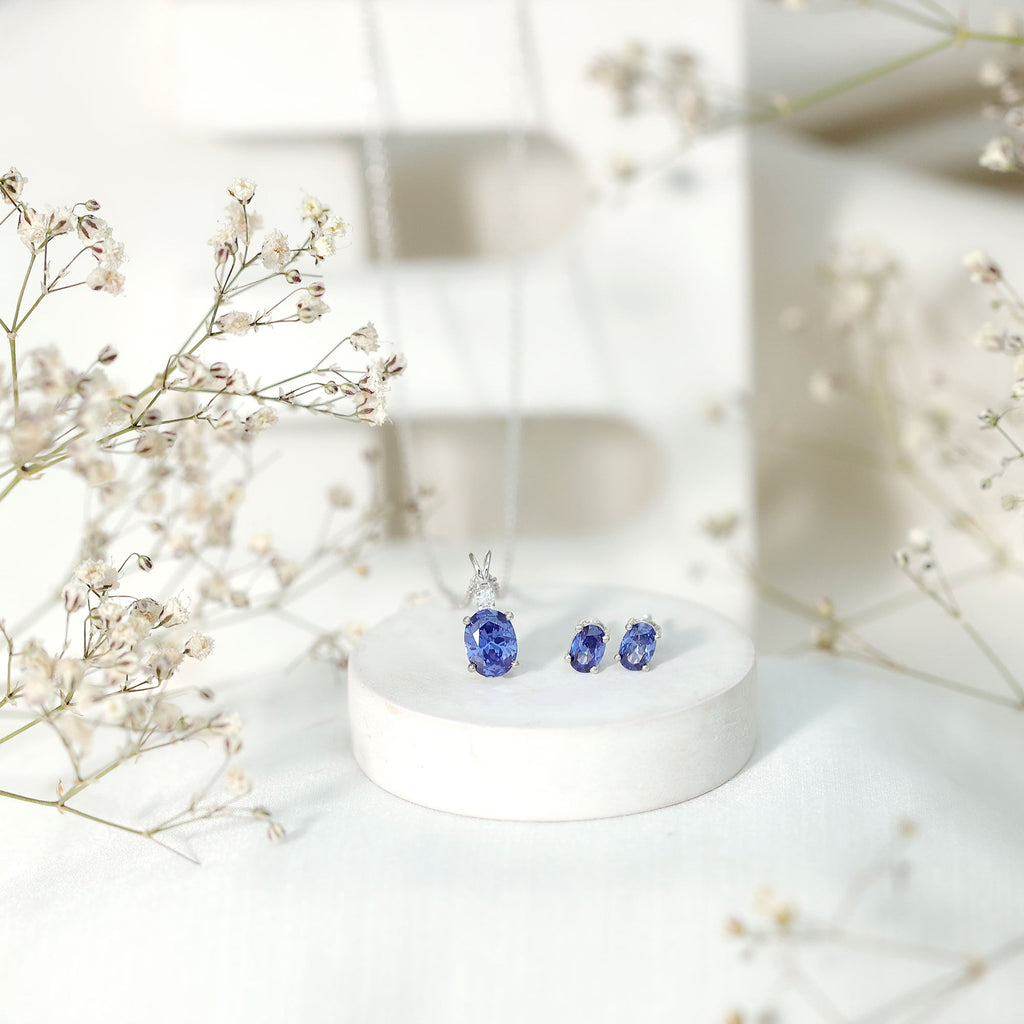 Oval Cut Lab Grown Blue Sapphire Bridal Necklace and Earrings Set