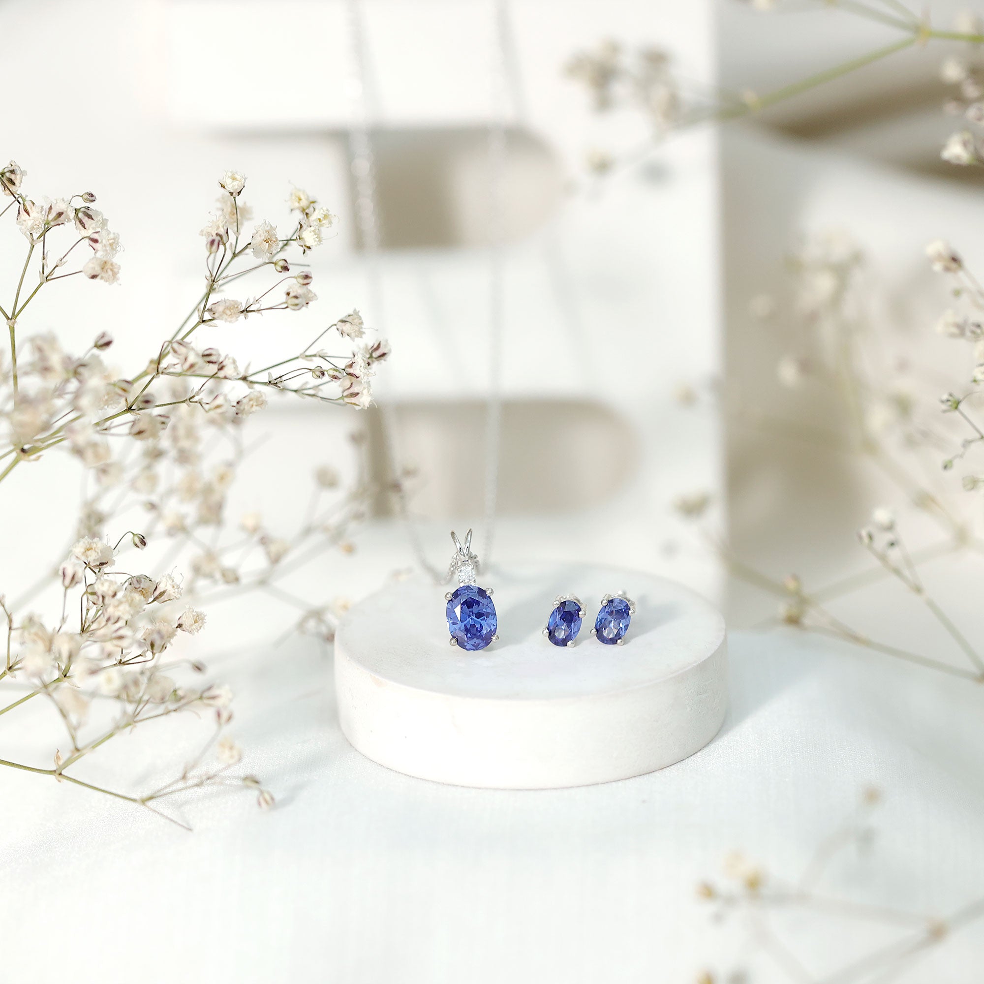Oval Cut Lab Grown Blue Sapphire Bridal Necklace and Earrings Set