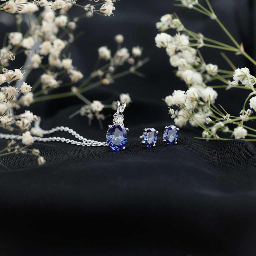 Oval Cut Lab Grown Blue Sapphire Bridal Necklace and Earrings Set