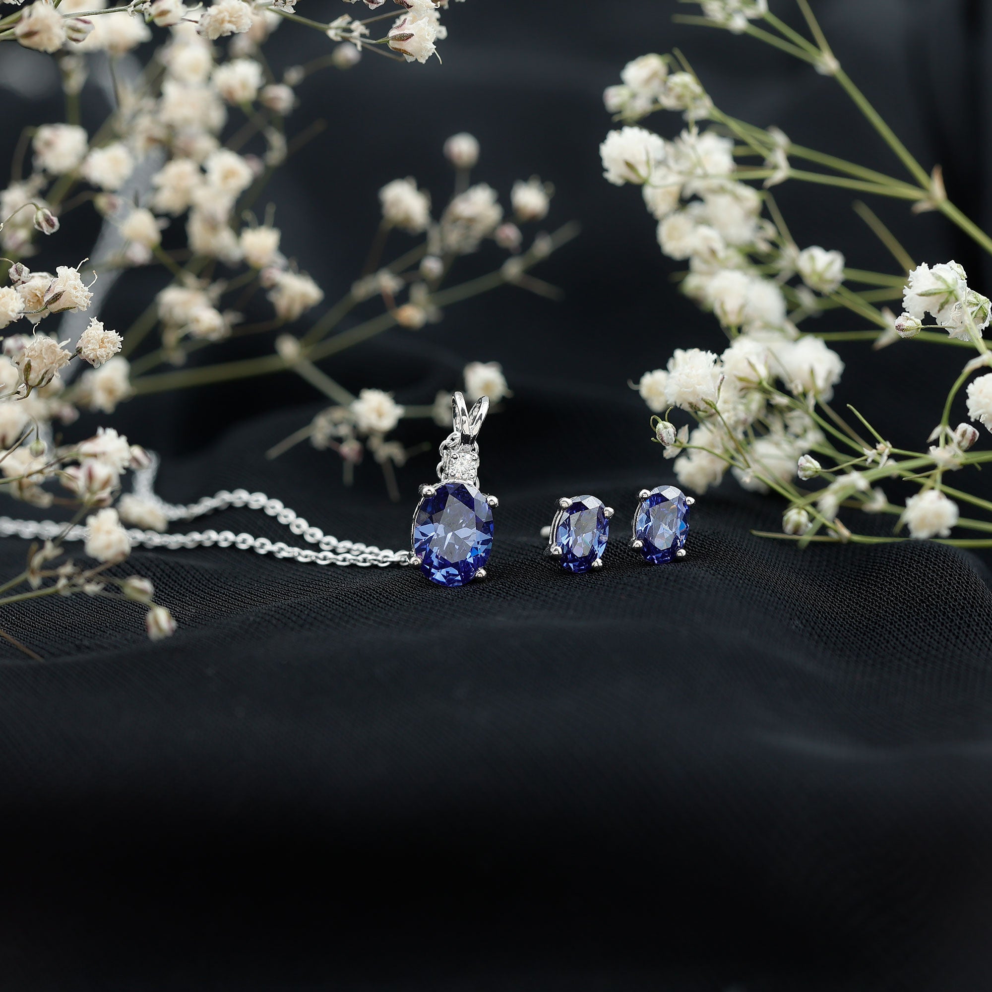 Oval Cut Lab Grown Blue Sapphire Bridal Necklace and Earrings Set