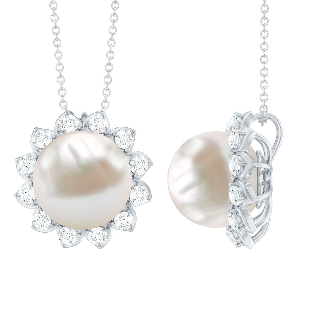Freshwater Pearl and Moissanite Cocktail Flower Pendant Necklace