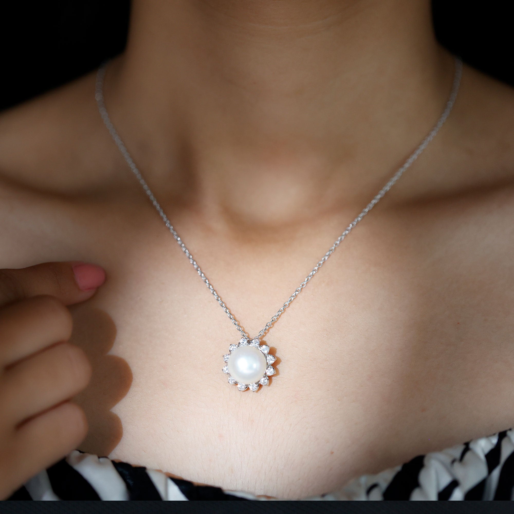 Freshwater Pearl and Moissanite Cocktail Flower Pendant Necklace