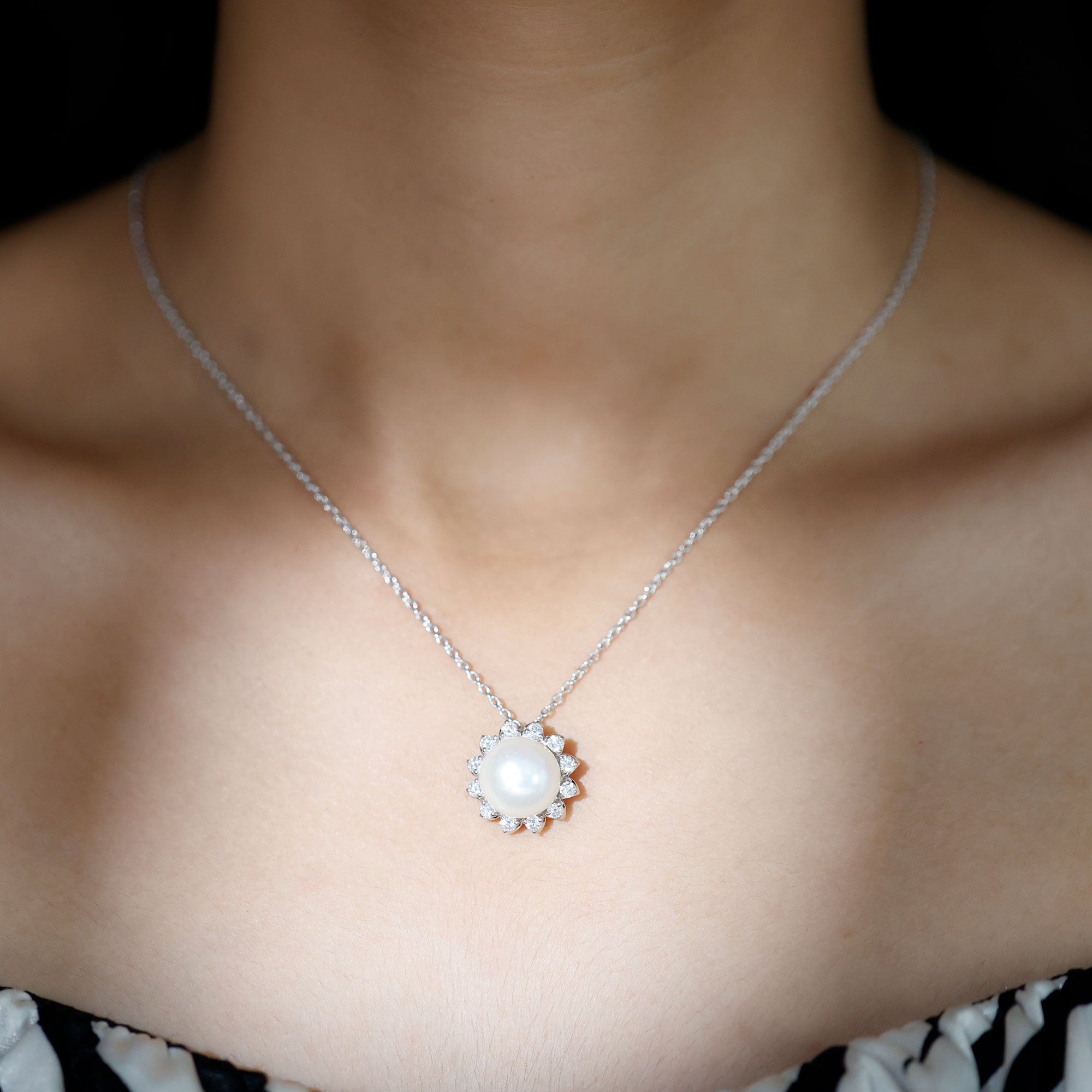 Freshwater Pearl and Moissanite Cocktail Flower Pendant Necklace