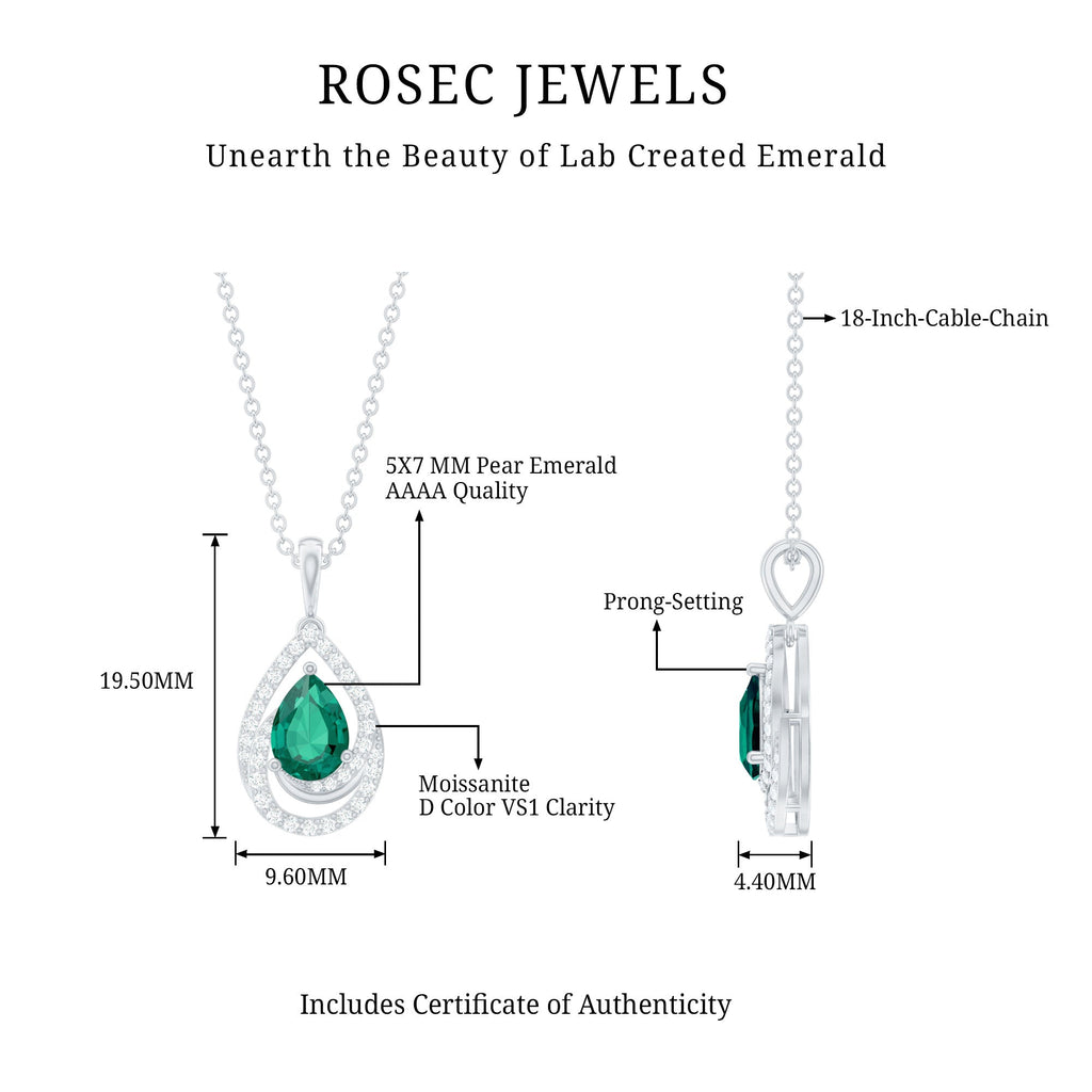 Lab Grown Emerald Vintage Teardrop Pendant Necklace with Moissanite
