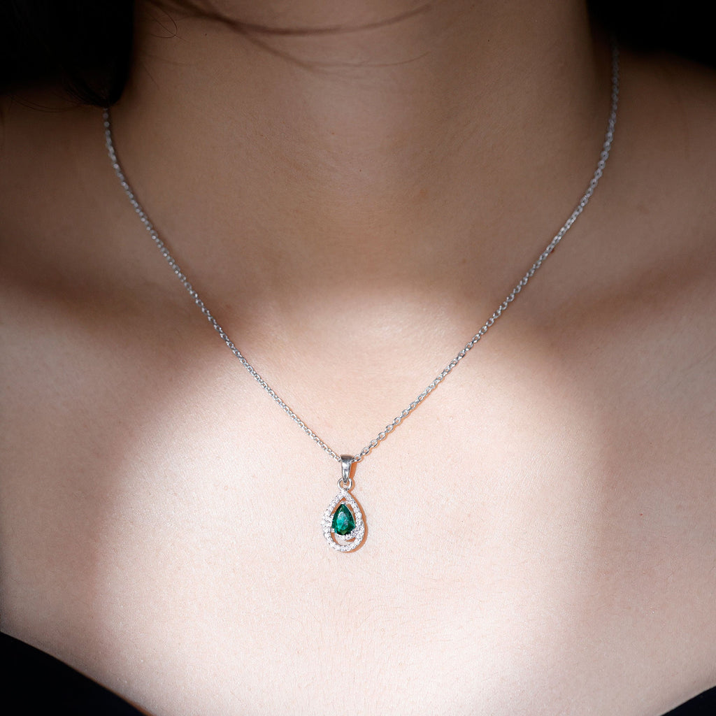 Lab Grown Emerald Vintage Teardrop Pendant Necklace with Moissanite