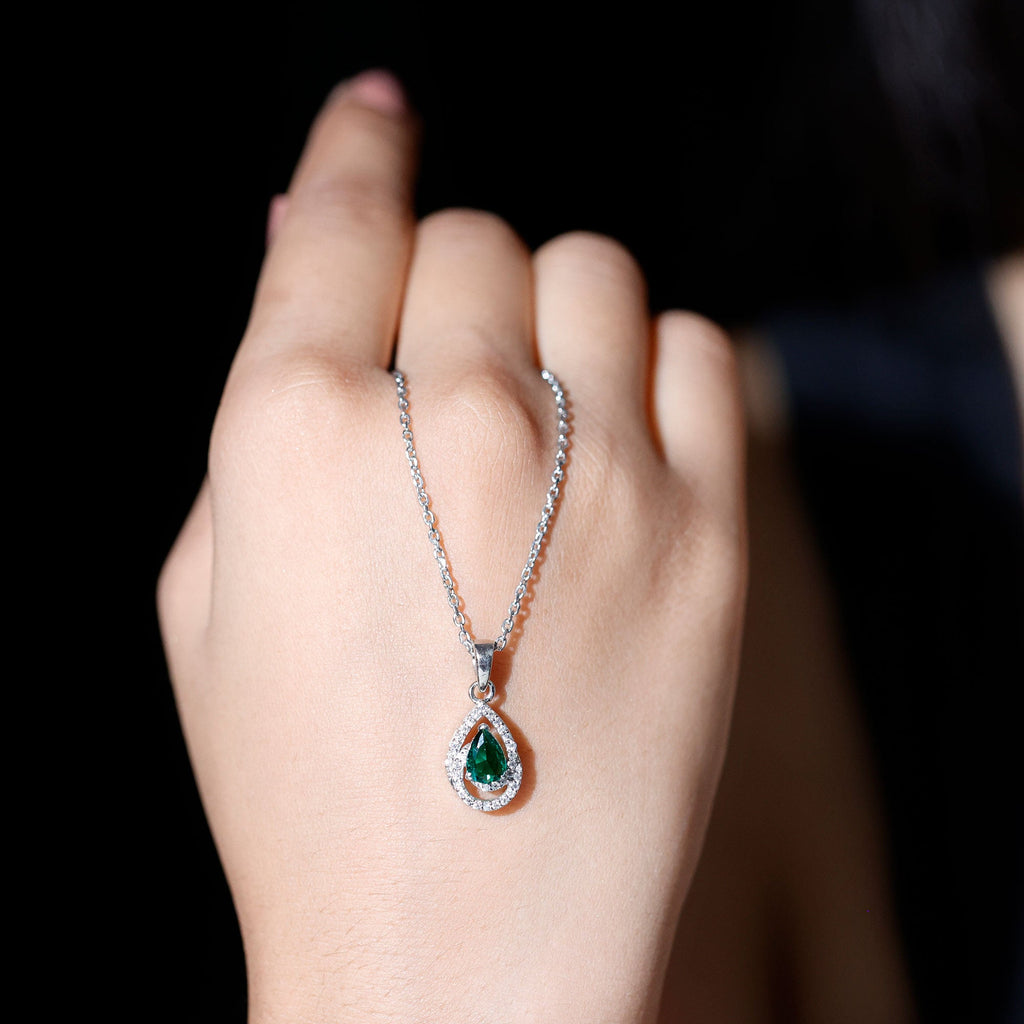 Lab Grown Emerald Vintage Teardrop Pendant Necklace with Moissanite