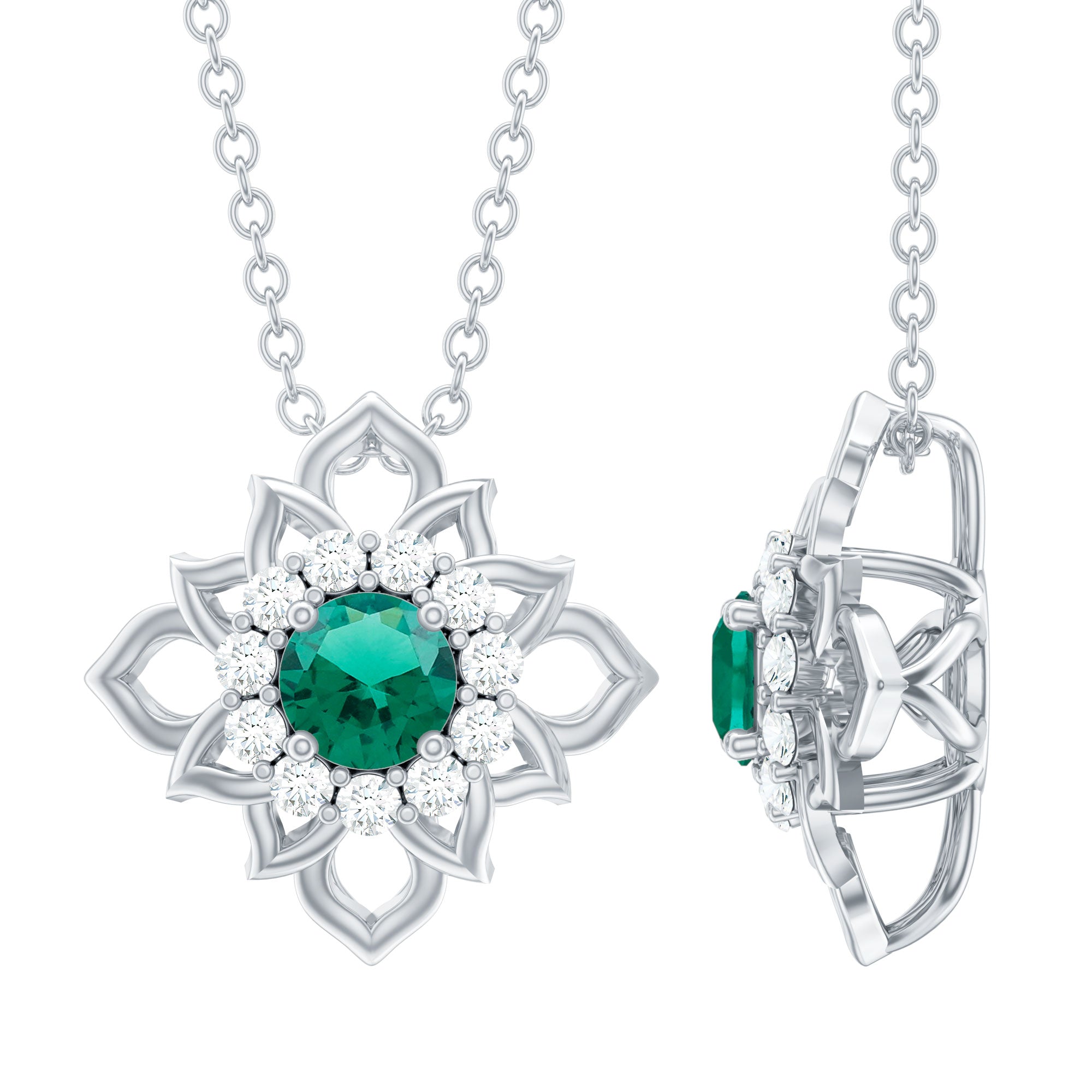 Nature-Inspired Emerald Silver Flower Necklace for Her