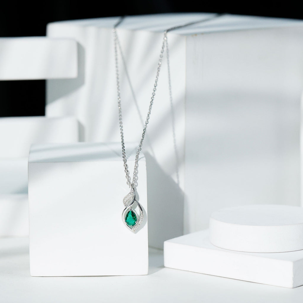 Nature Inspired Lab Emerald Designer Necklace with Silver Chain