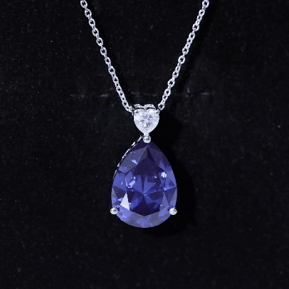 18X13 MM Pear Lab Grown Blue Sapphire Statement Necklace With Silver Chain