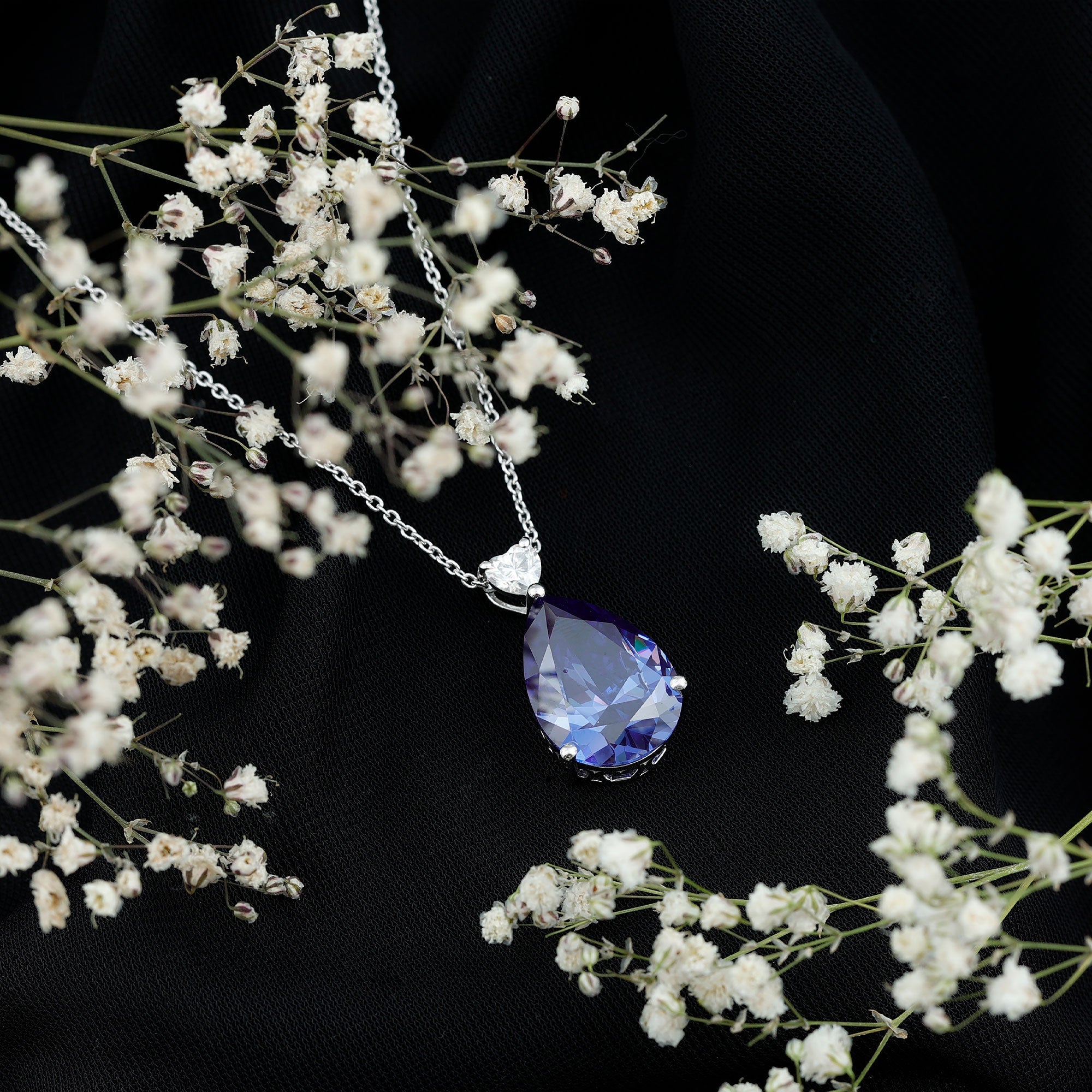 18X13 MM Pear Lab Grown Blue Sapphire Statement Necklace With Silver Chain