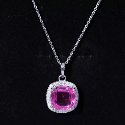 12 MM Lab Grown Pink Sapphire Cocktail Necklace With Silver Chain