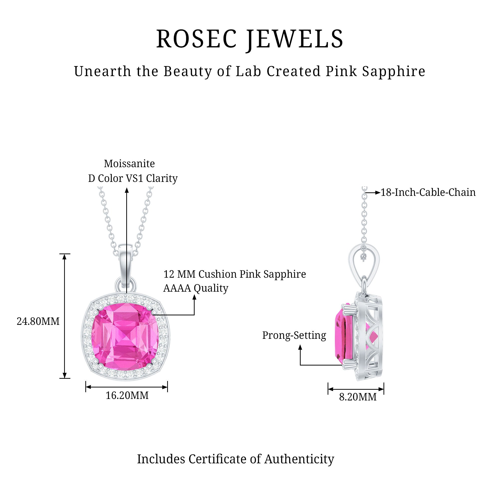 12 MM Lab Grown Pink Sapphire Cocktail Necklace With Silver Chain