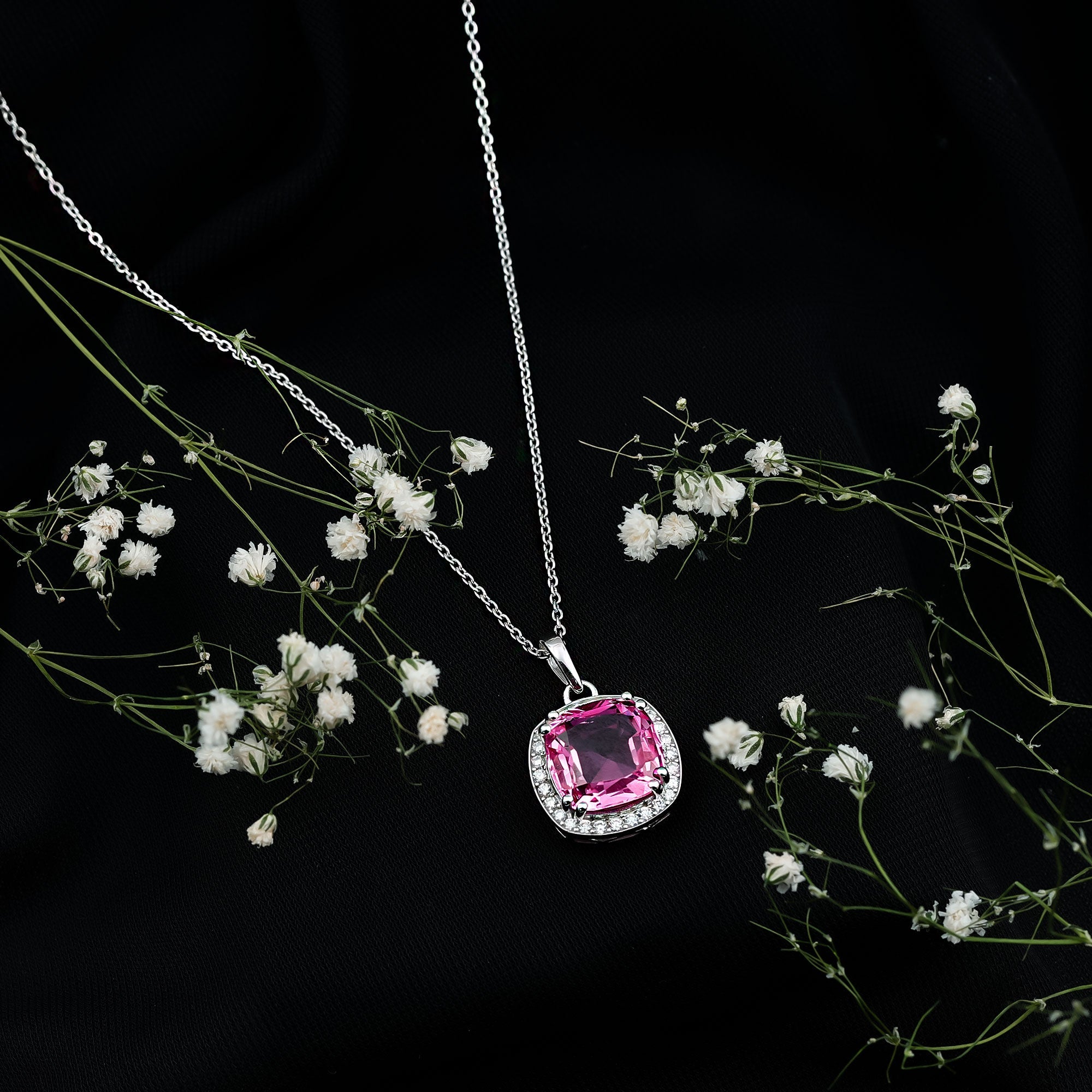 12 MM Lab Grown Pink Sapphire Cocktail Necklace With Silver Chain