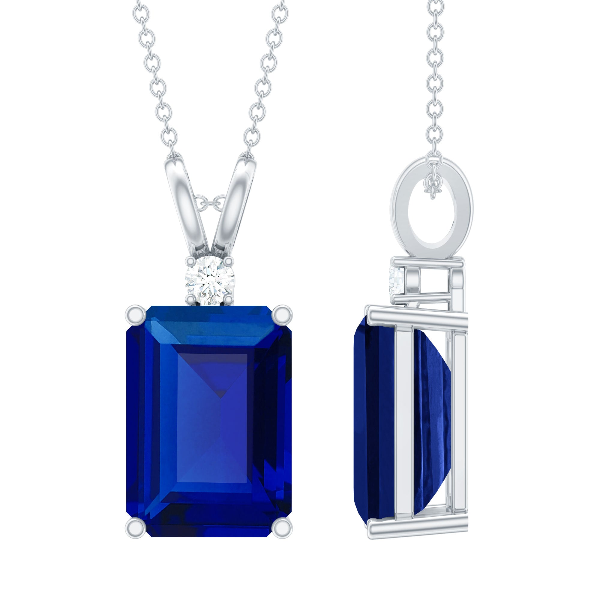 Emerald Cut Lab Grown Blue Sapphire Solitaire Pendant with Moissanite