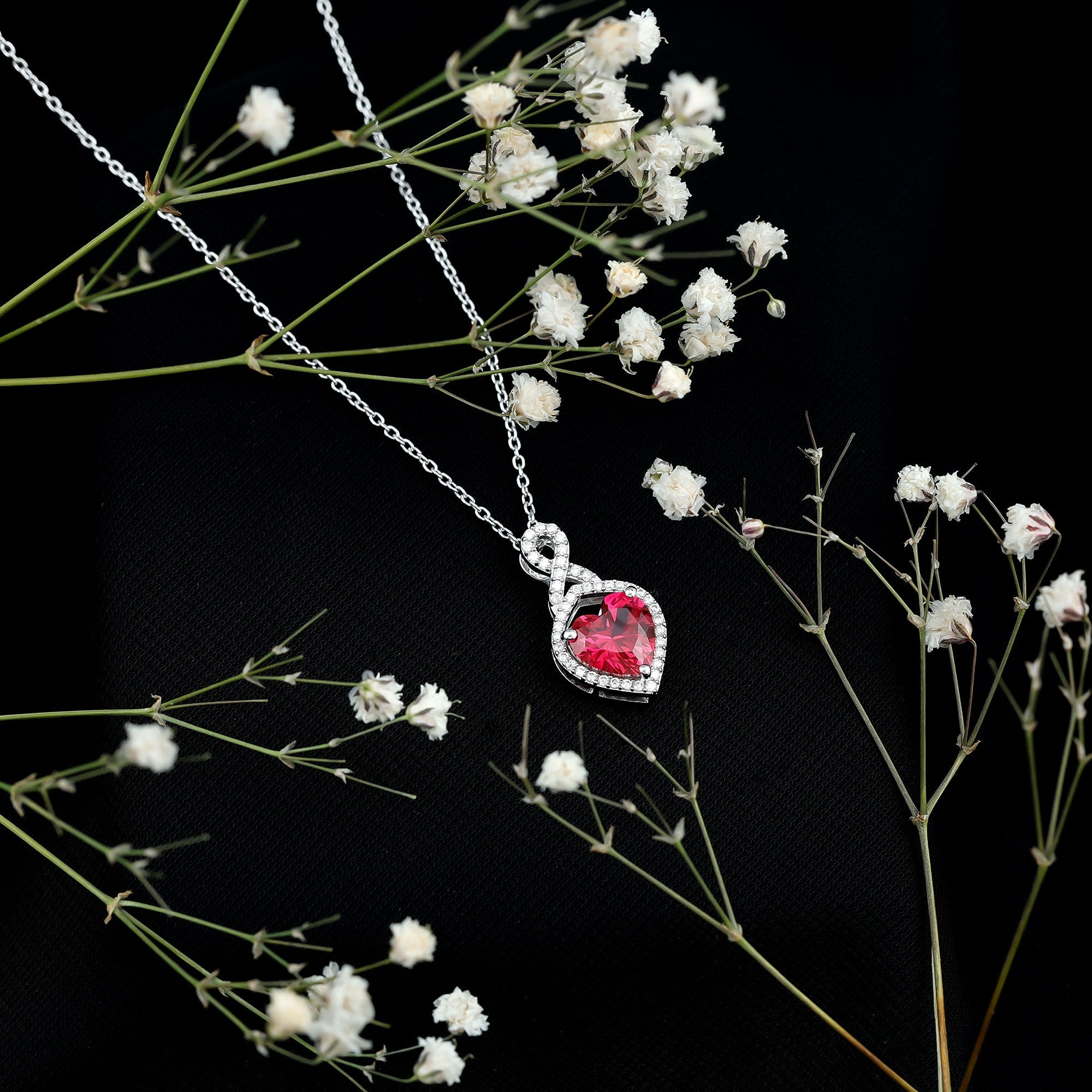 8 MM Lab Grown Ruby Heart Infinity Necklace with Silver Chain
