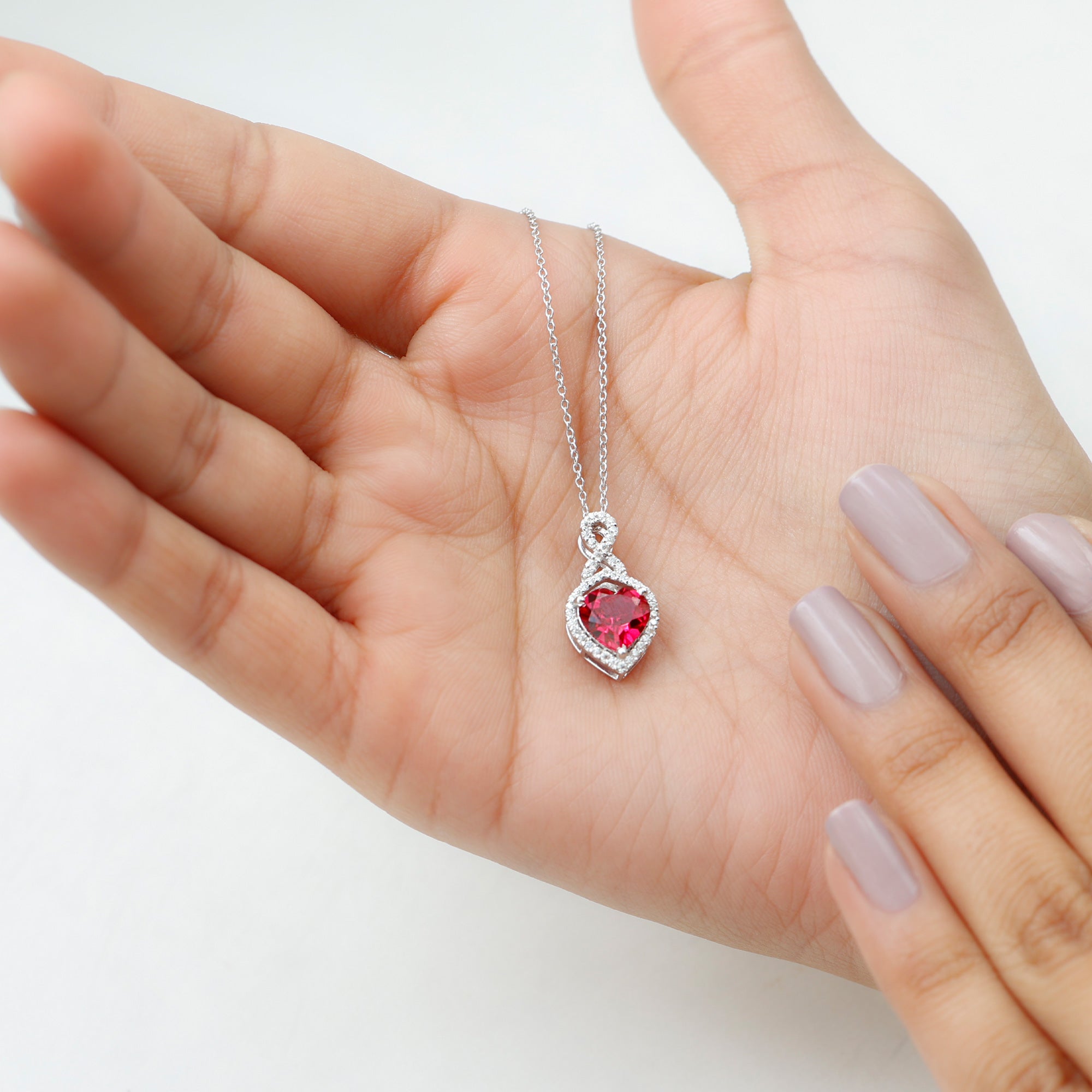 8 MM Lab Grown Ruby Heart Infinity Necklace with Silver Chain