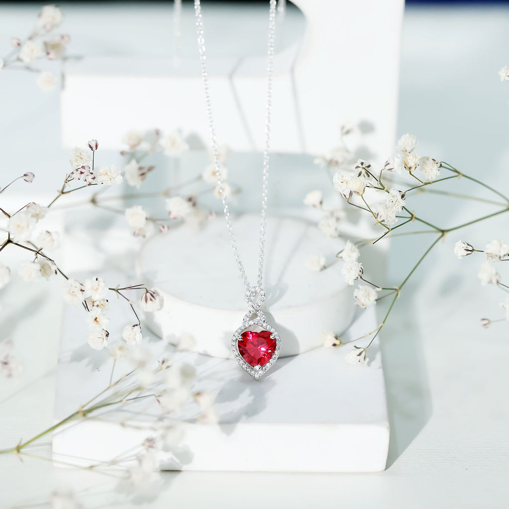 8 MM Lab Grown Ruby Heart Infinity Necklace with Silver Chain