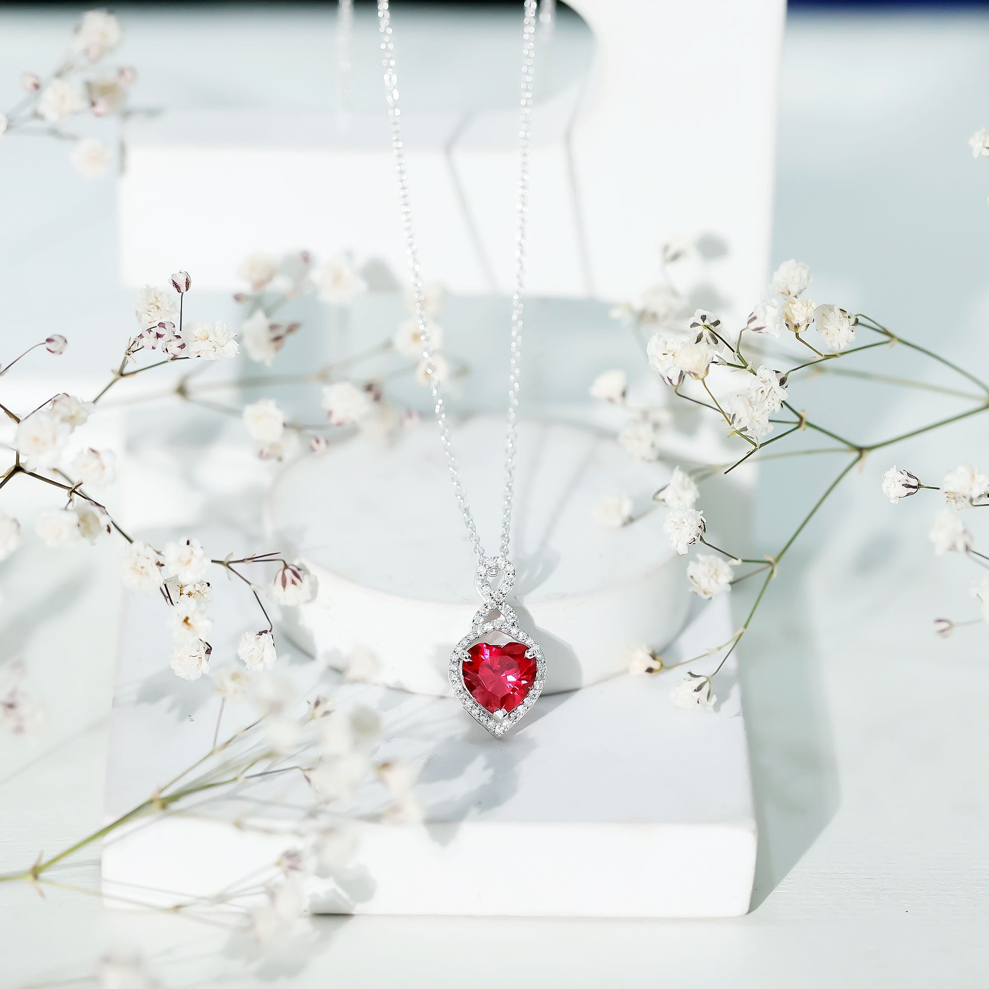 8 MM Lab Grown Ruby Heart Infinity Necklace with Silver Chain