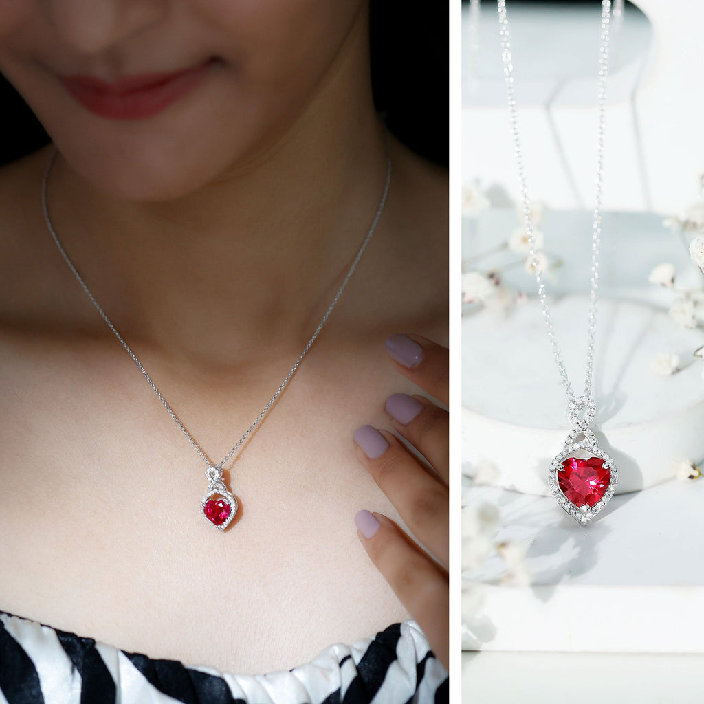 8 MM Lab Grown Ruby Heart Infinity Necklace with Silver Chain
