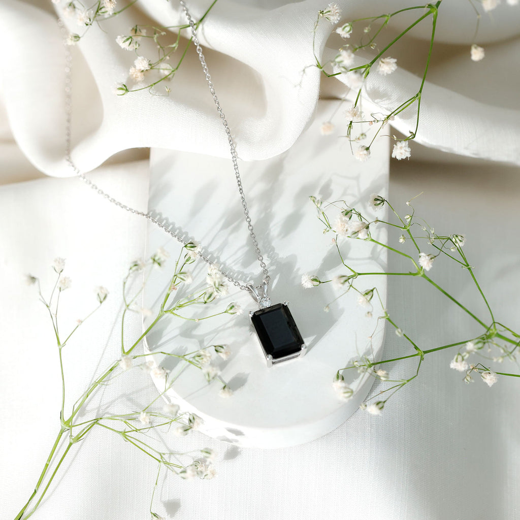 10X14 MM Lab Grown Black Diamond Solitaire Necklace In Silver - Gift For Women