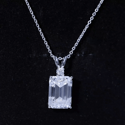 Moissanite 10X14mm Emerald Cut Necklace With Silver Chain