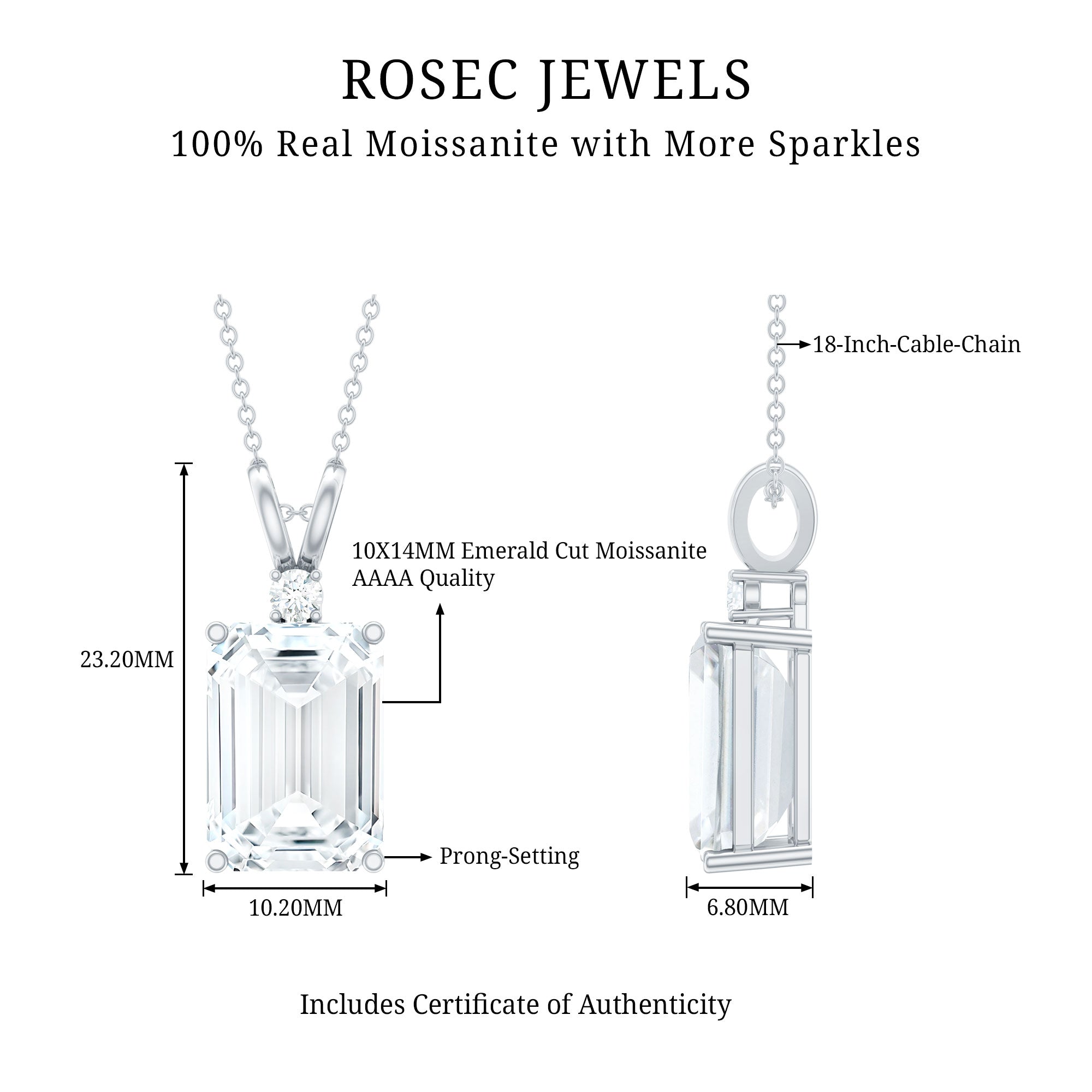 Moissanite 10X14mm Emerald Cut Necklace With Silver Chain