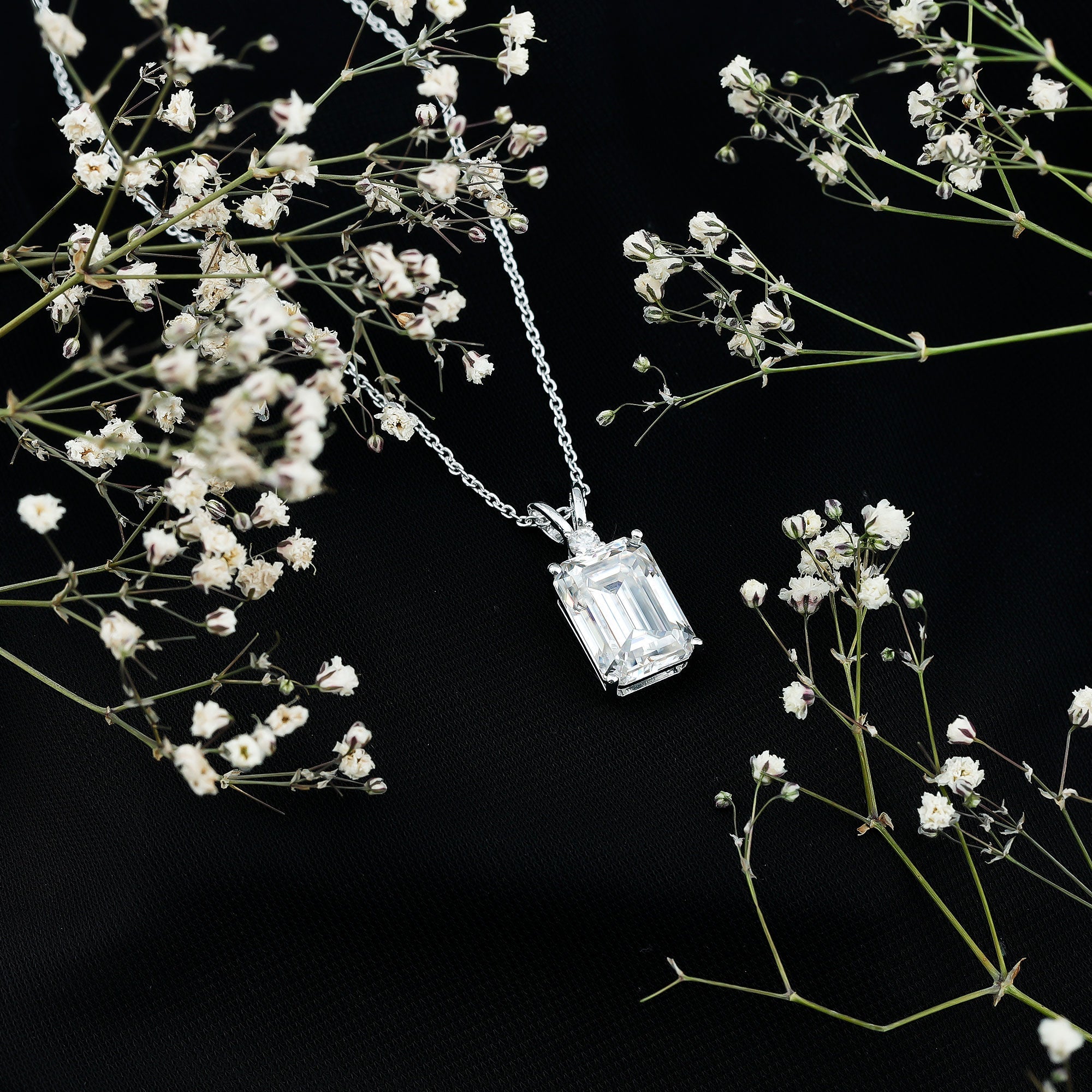 Moissanite 10X14mm Emerald Cut Necklace With Silver Chain