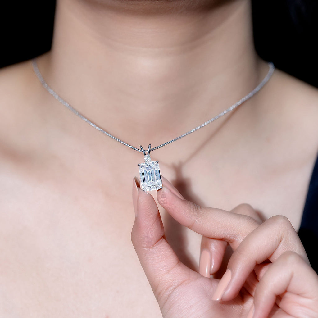 Moissanite 10X14mm Emerald Cut Necklace With Silver Chain