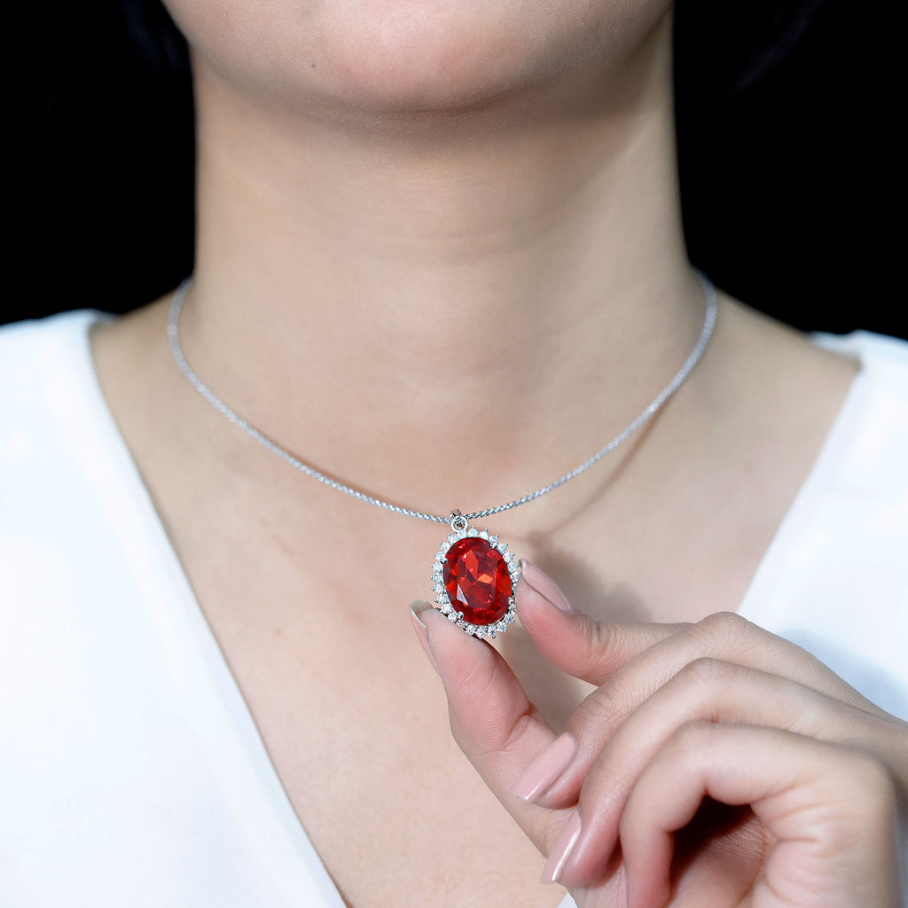13X18mm Lab Grown Orange Sapphire Moissanite Halo Necklace With Silver Chain