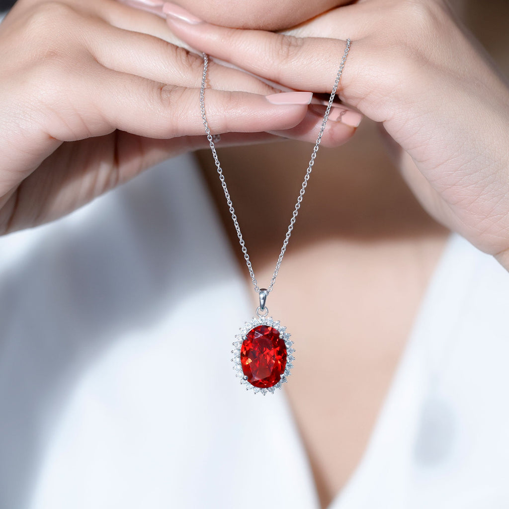 13X18mm Lab Grown Orange Sapphire Moissanite Halo Necklace With Silver Chain
