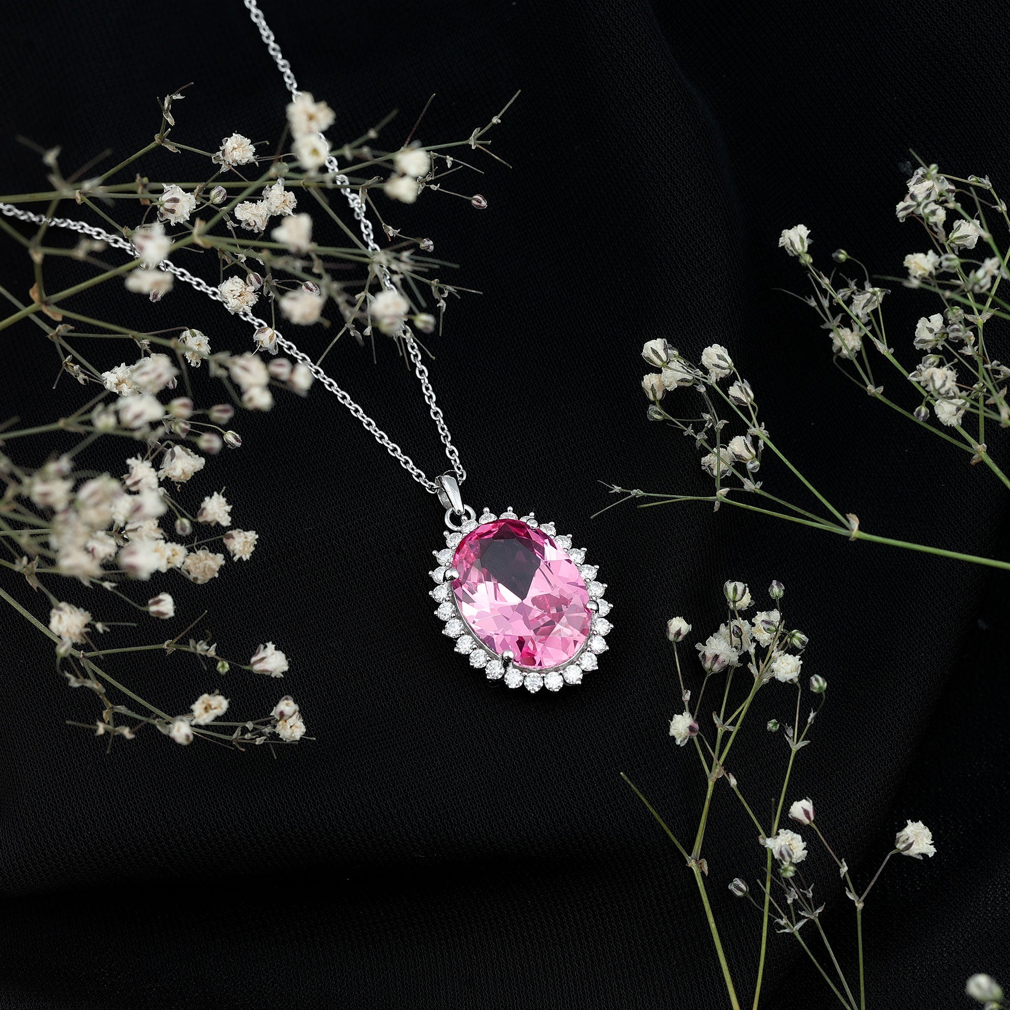 Elegant 13X18 MM Lab Pink Sapphire Bridal Necklace With Silver Chain