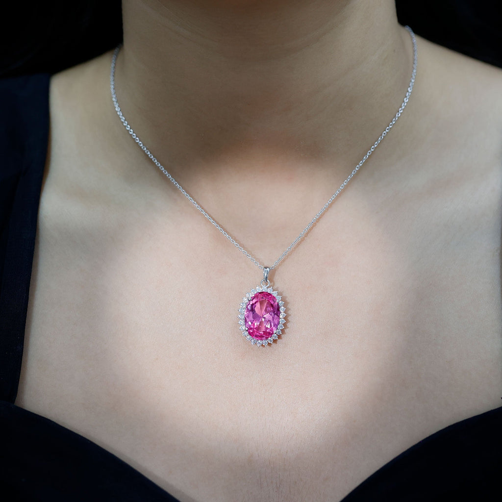 Elegant 13X18 MM Lab Pink Sapphire Bridal Necklace With Silver Chain