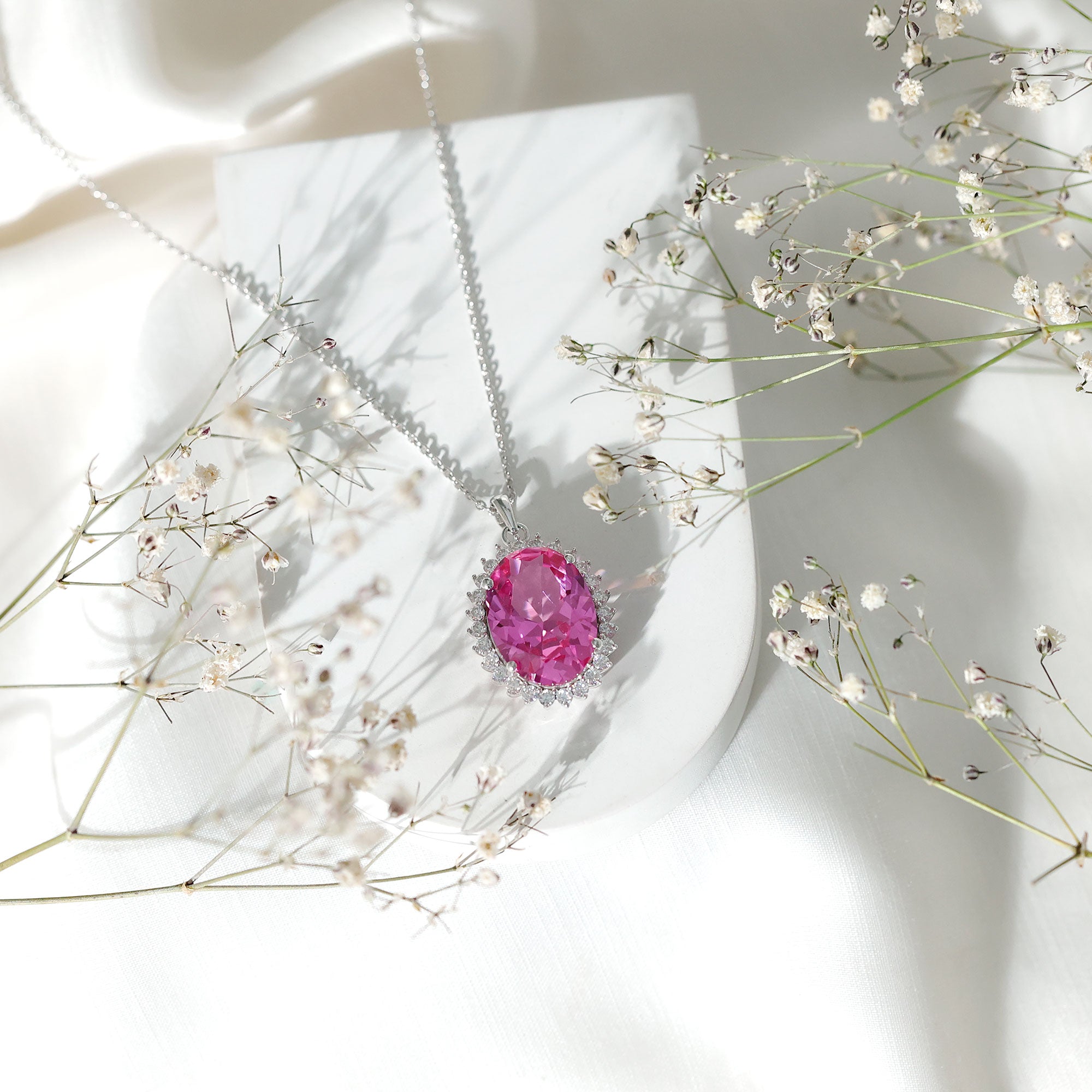 Elegant 13X18 MM Lab Pink Sapphire Bridal Necklace With Silver Chain