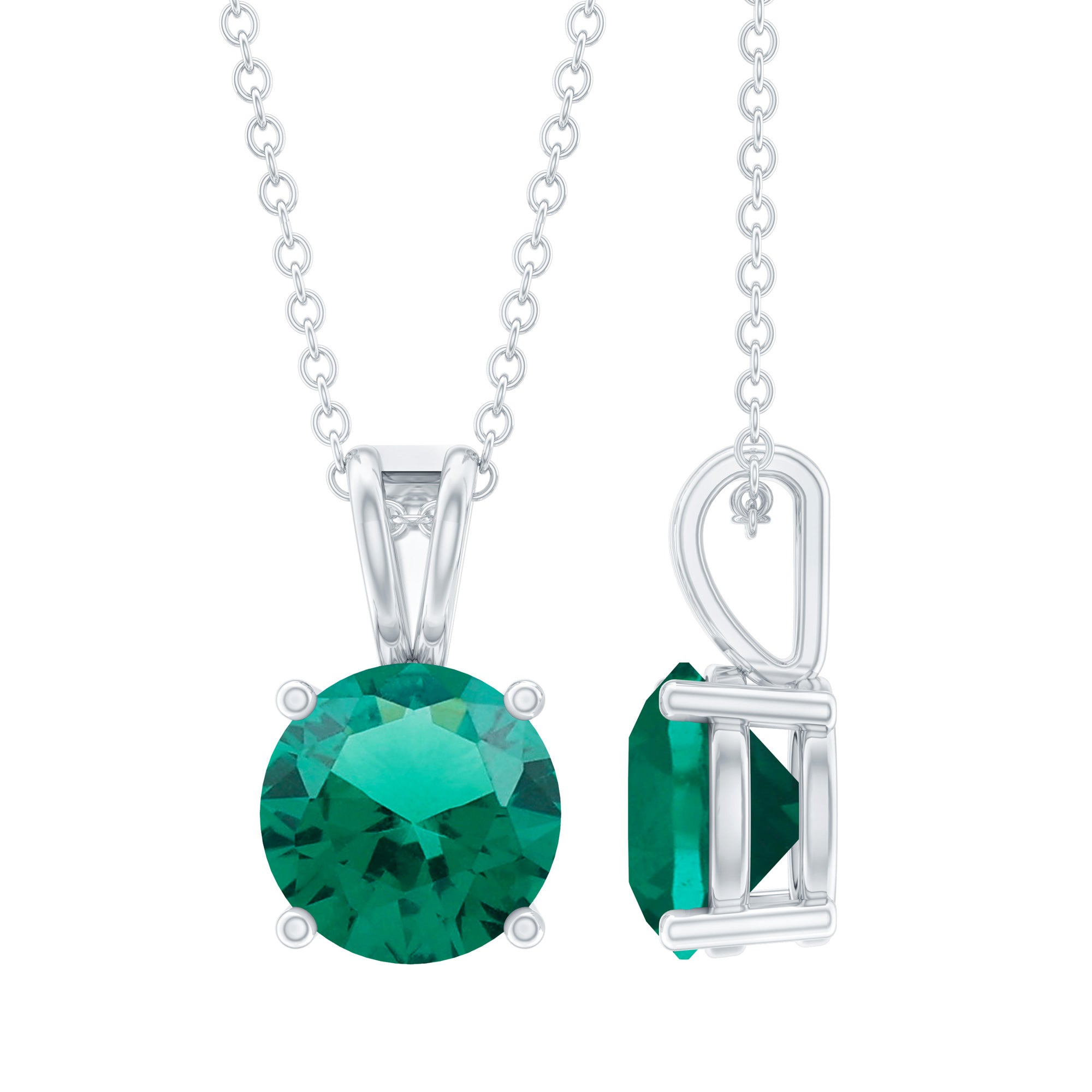 Round Cut 8 MM Lab Grown Emerald Solitaire Necklace with Chain