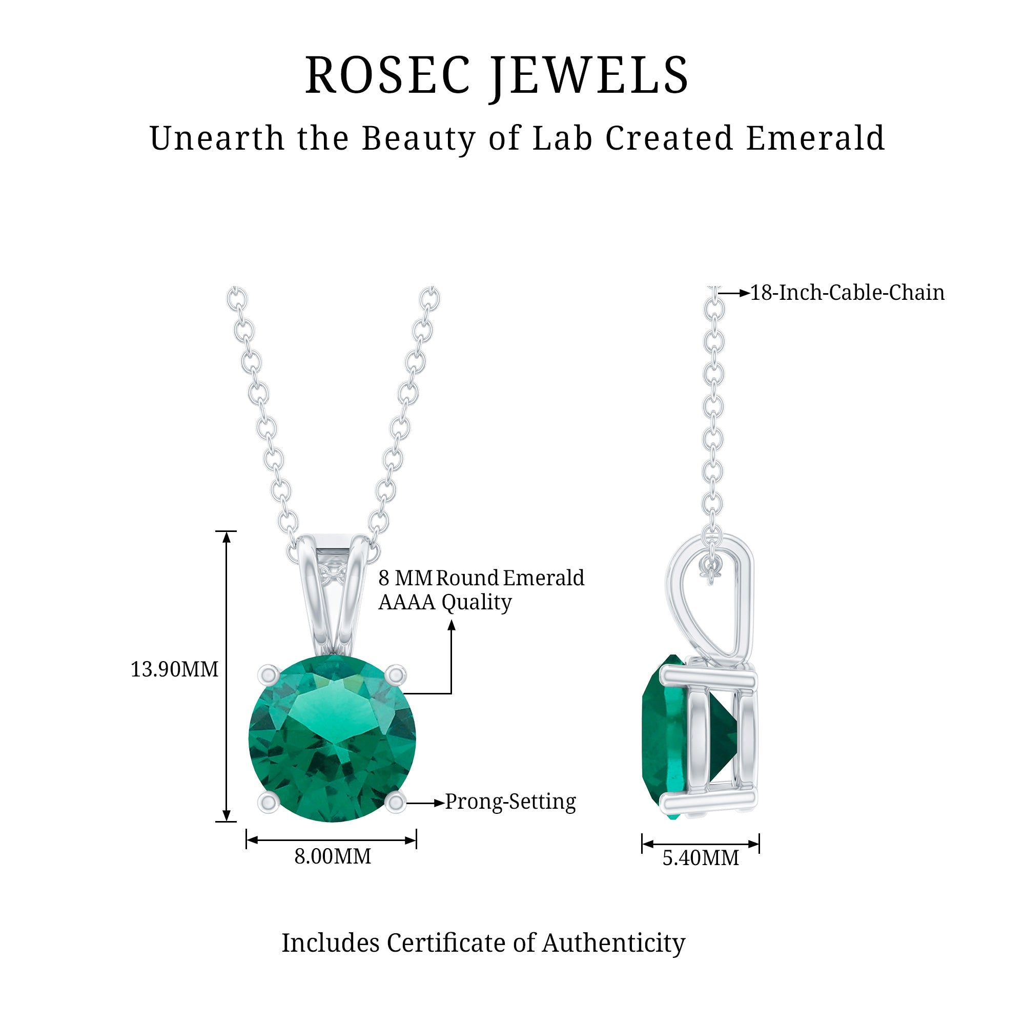 Round Cut 8 MM Lab Grown Emerald Solitaire Necklace with Chain