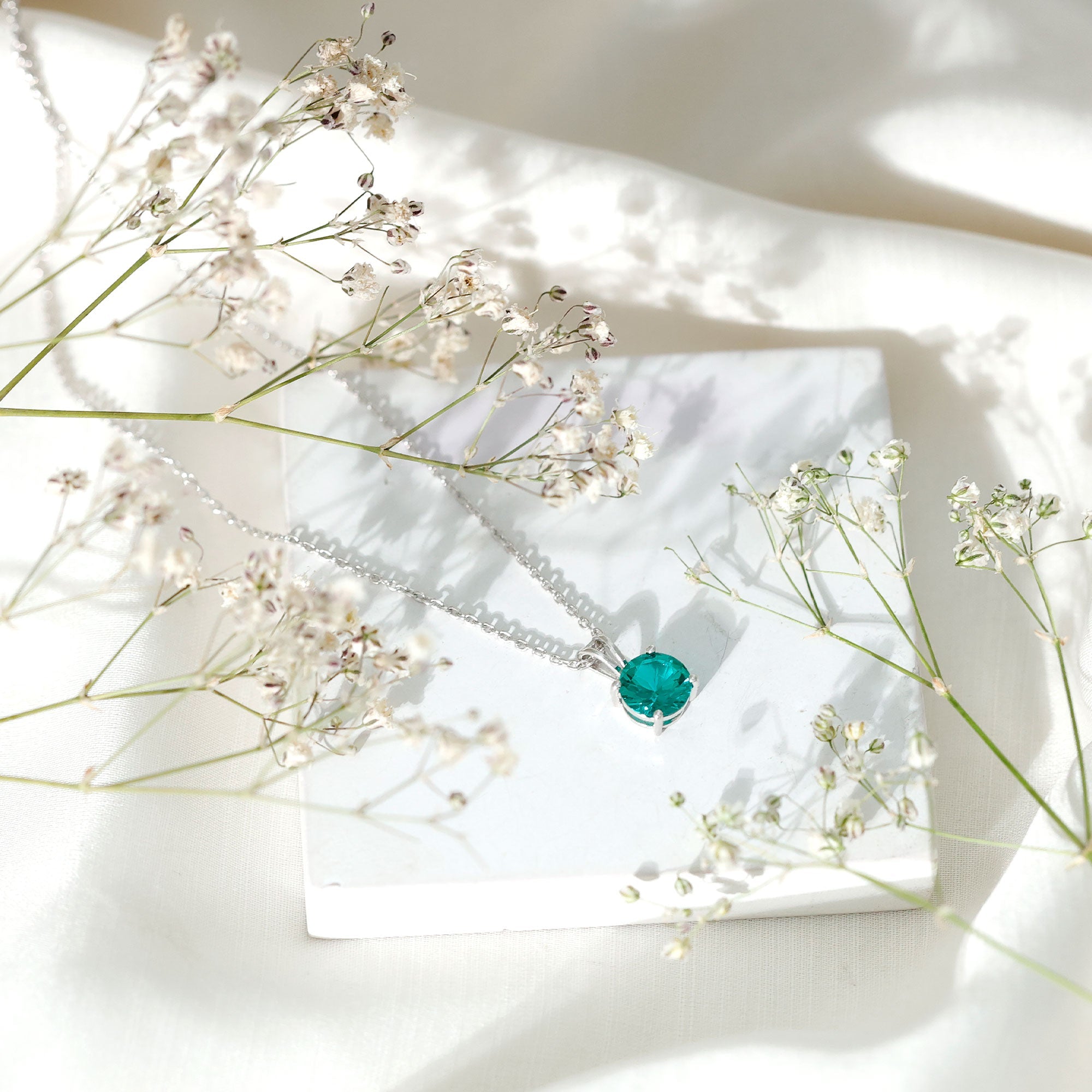 Round Cut 8 MM Lab Grown Emerald Solitaire Necklace with Chain