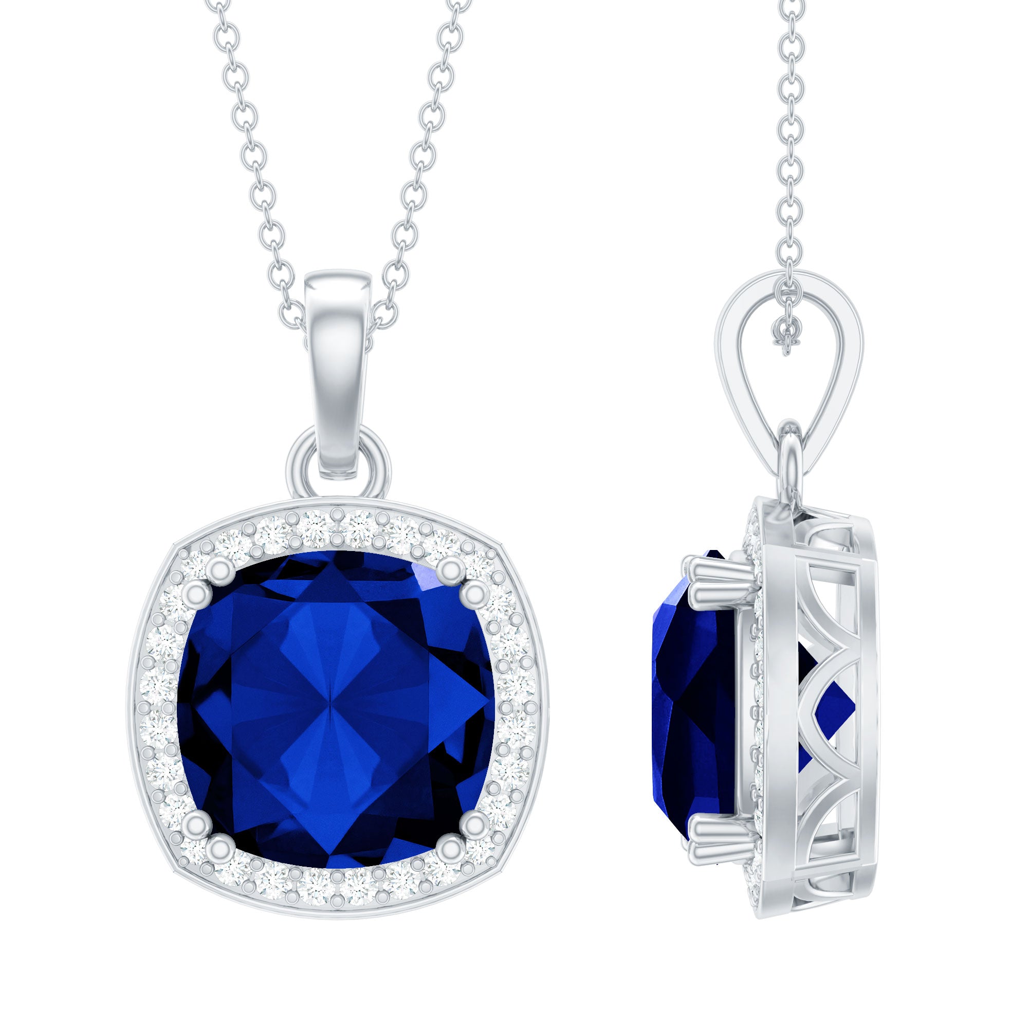 12 MM Cushion Cut Lab Created Blue Sapphire Moissanite Halo Necklace