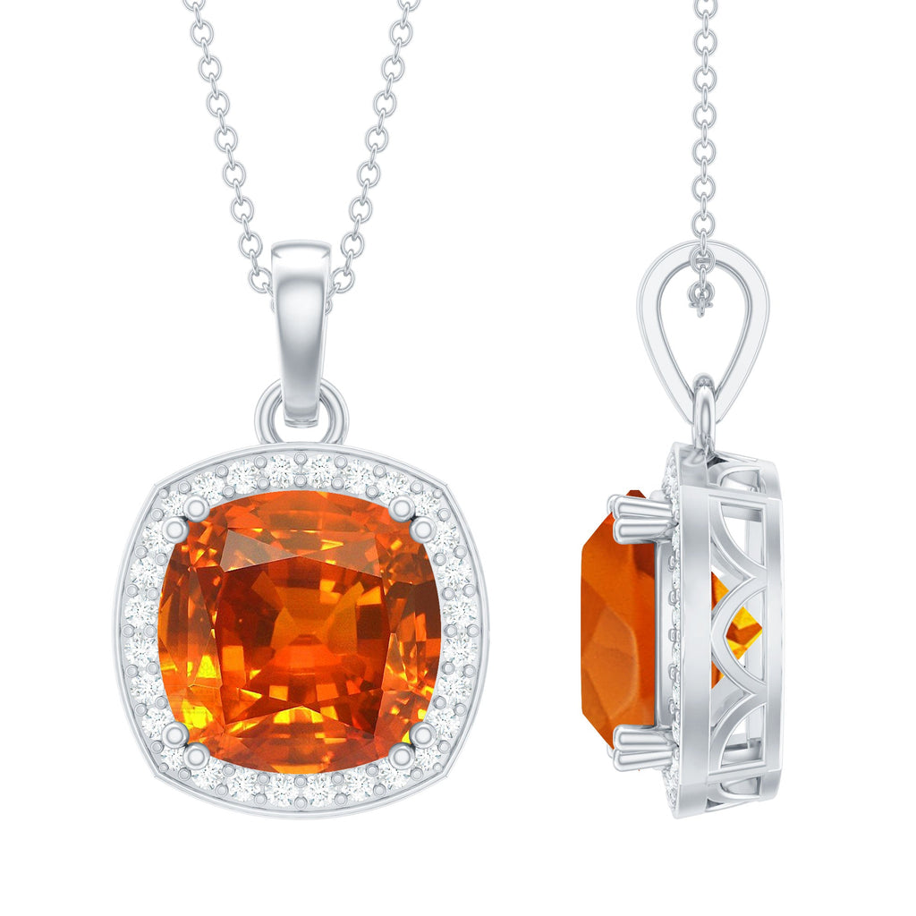 Certified 12 MM Lab Grown Orange Sapphire Necklace With Moissanite Halo