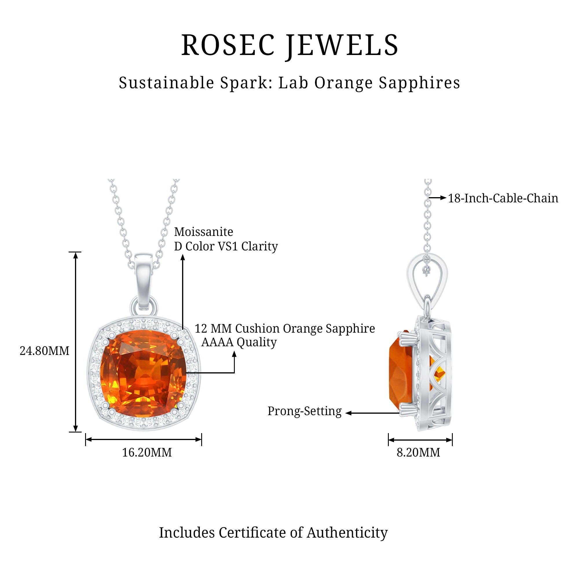 Certified 12 MM Lab Grown Orange Sapphire Necklace With Moissanite Halo