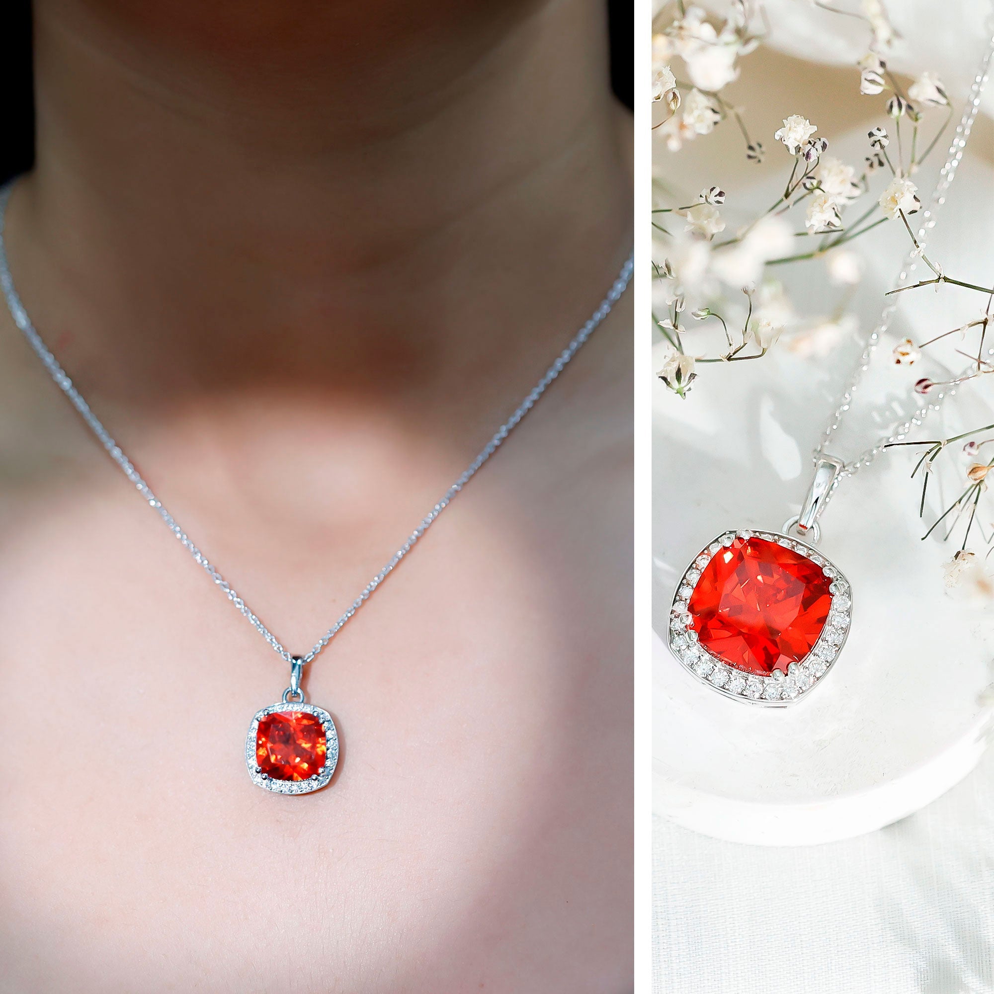 Certified 12 MM Lab Grown Orange Sapphire Necklace With Moissanite Halo