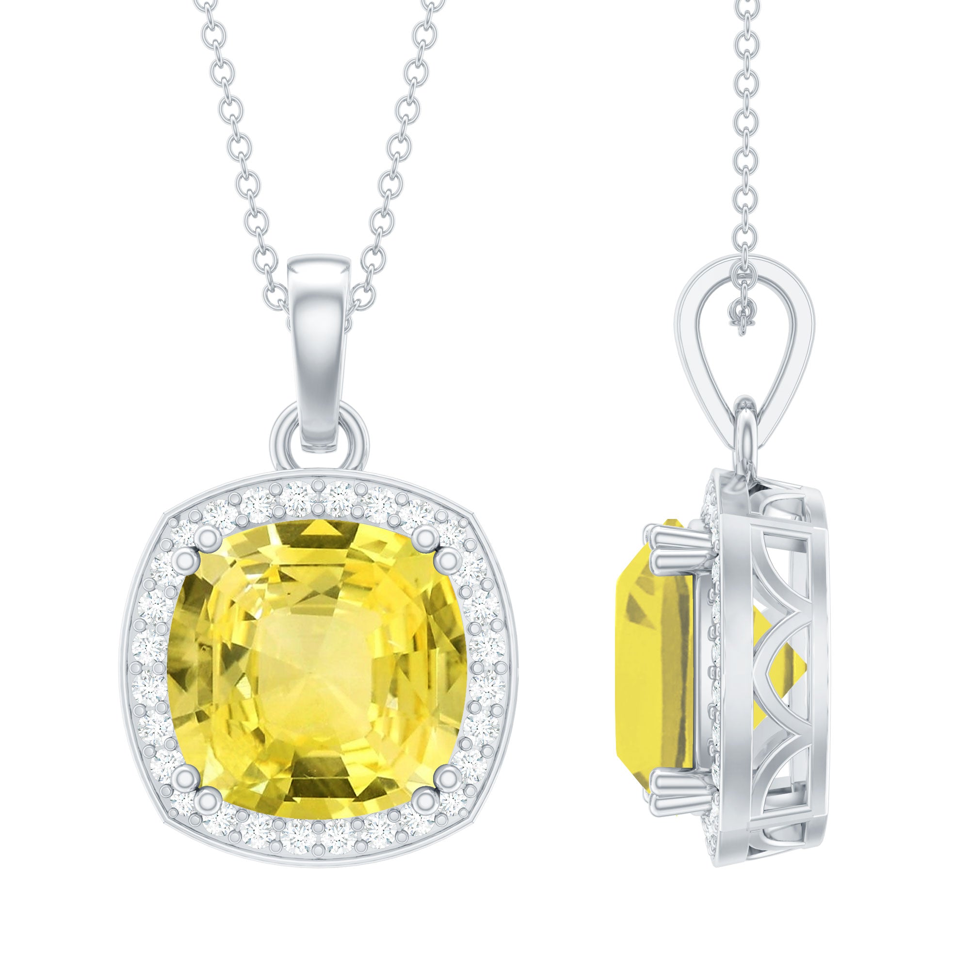 Cushion Cut Lab Yellow Sapphire Statement Halo Pendant with Moissanite