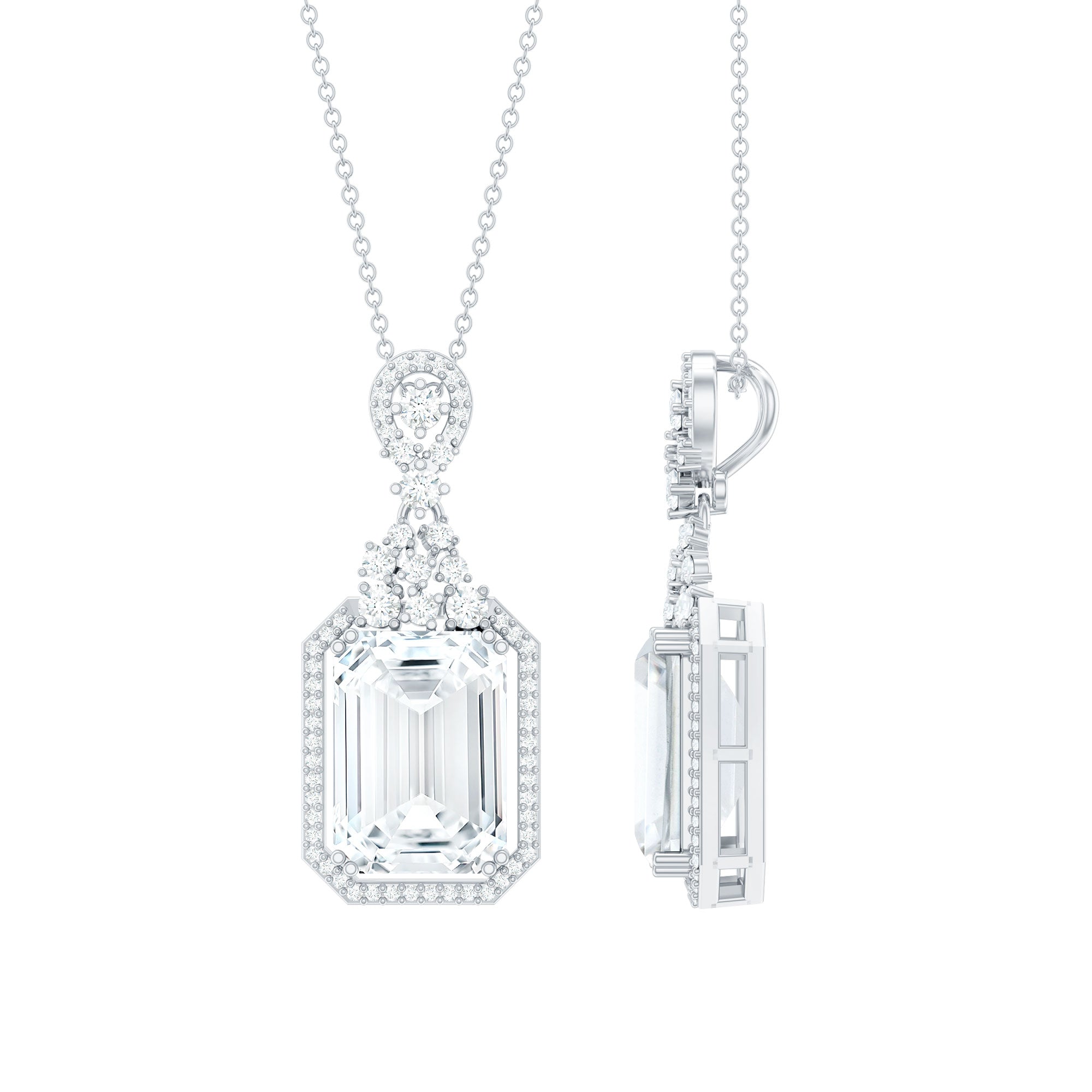 10X14 MM Emerald Cut Moissanite Wedding Necklace With Silver Chain
