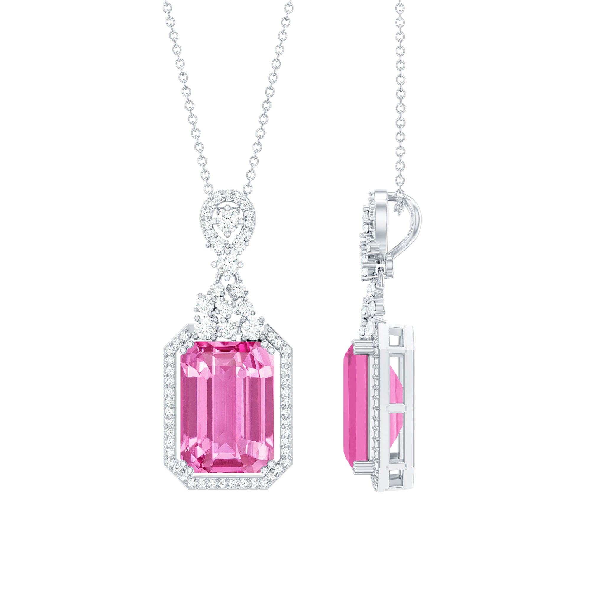 10X14 MM Lab Grown Pink Sapphire Art Deco Necklace With Silver Chain