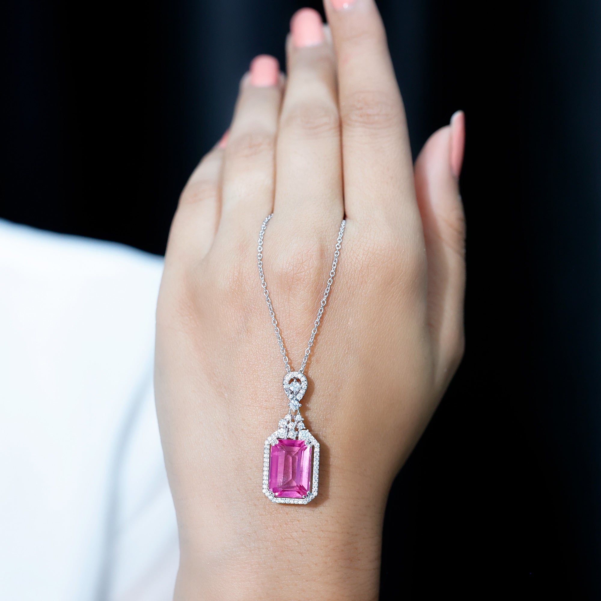 10X14 MM Lab Grown Pink Sapphire Art Deco Necklace With Silver Chain