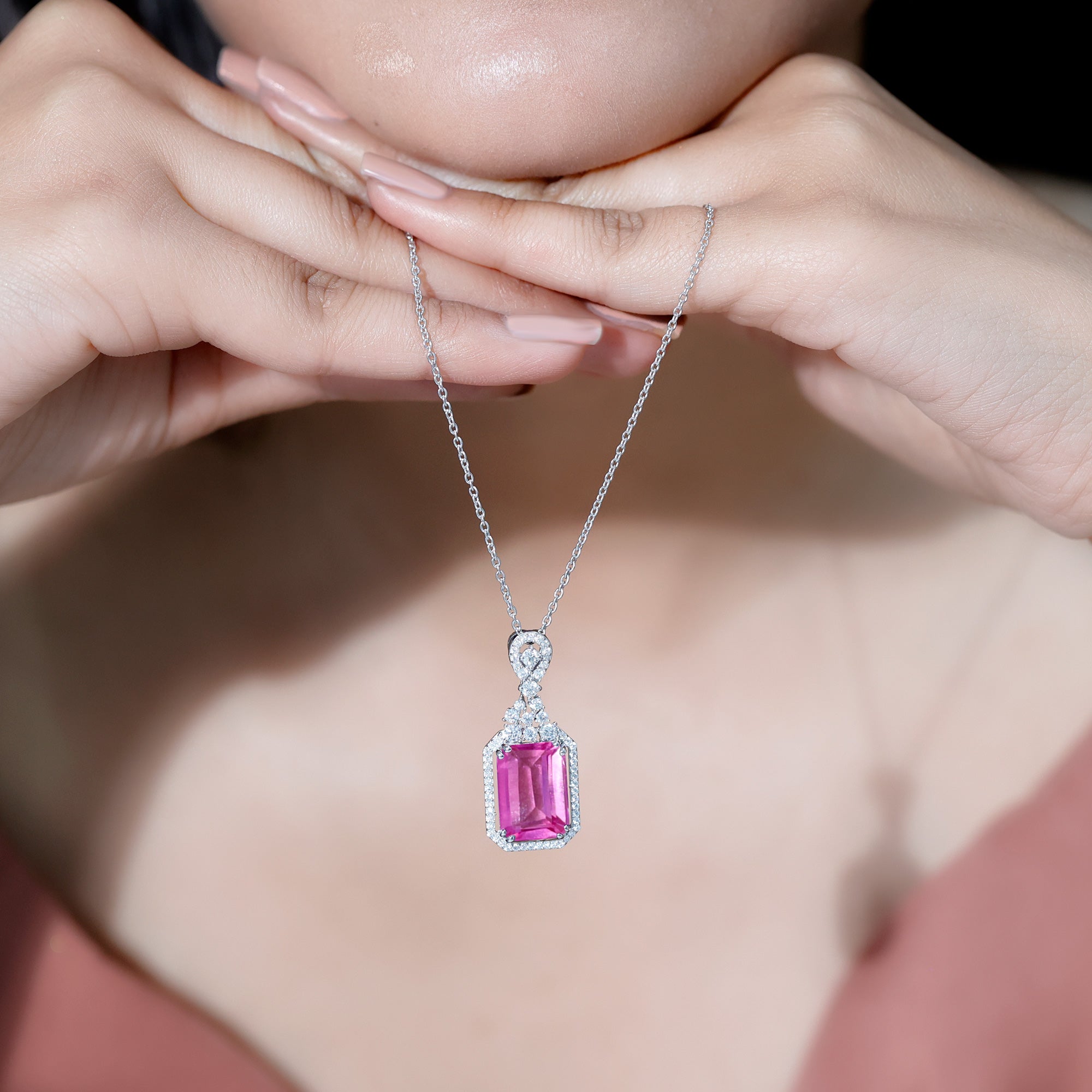 10X14 MM Lab Grown Pink Sapphire Art Deco Necklace With Silver Chain