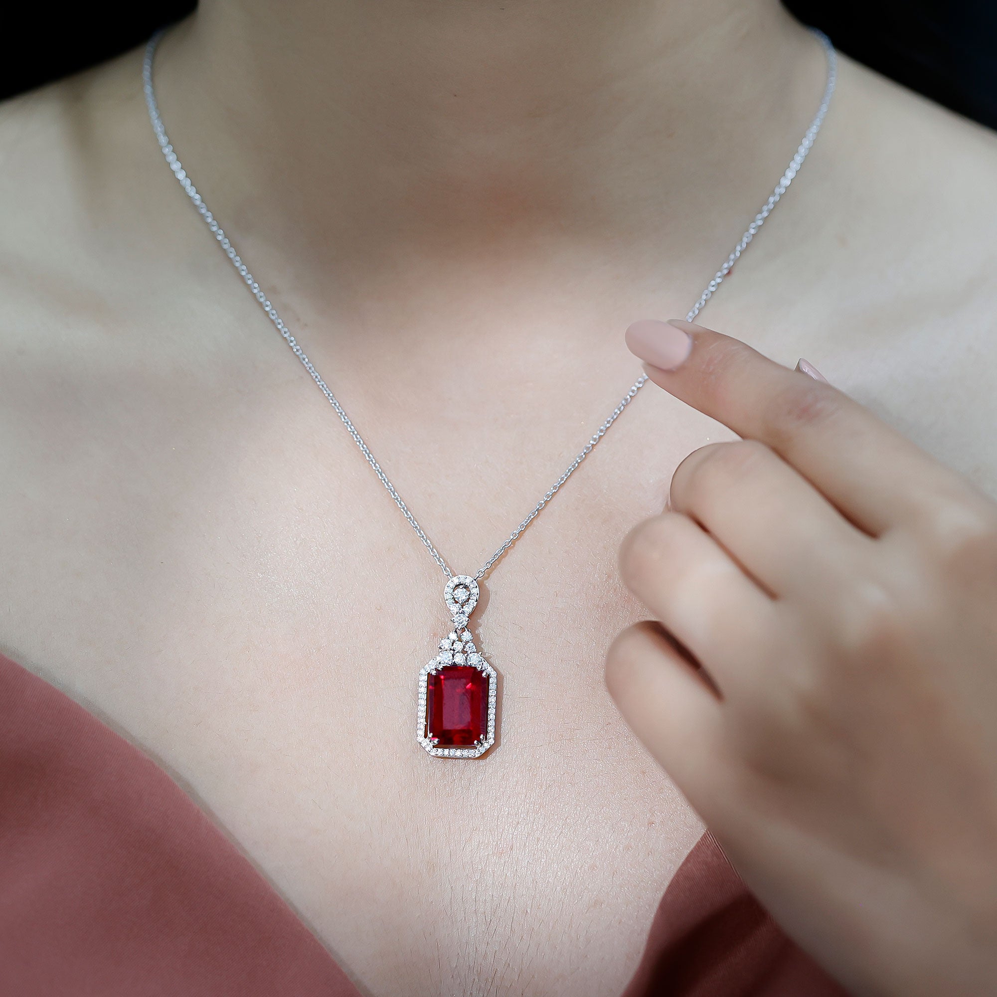 Certified 10X14 MM Lab Grown Ruby Vintage Necklace With Silver Chain