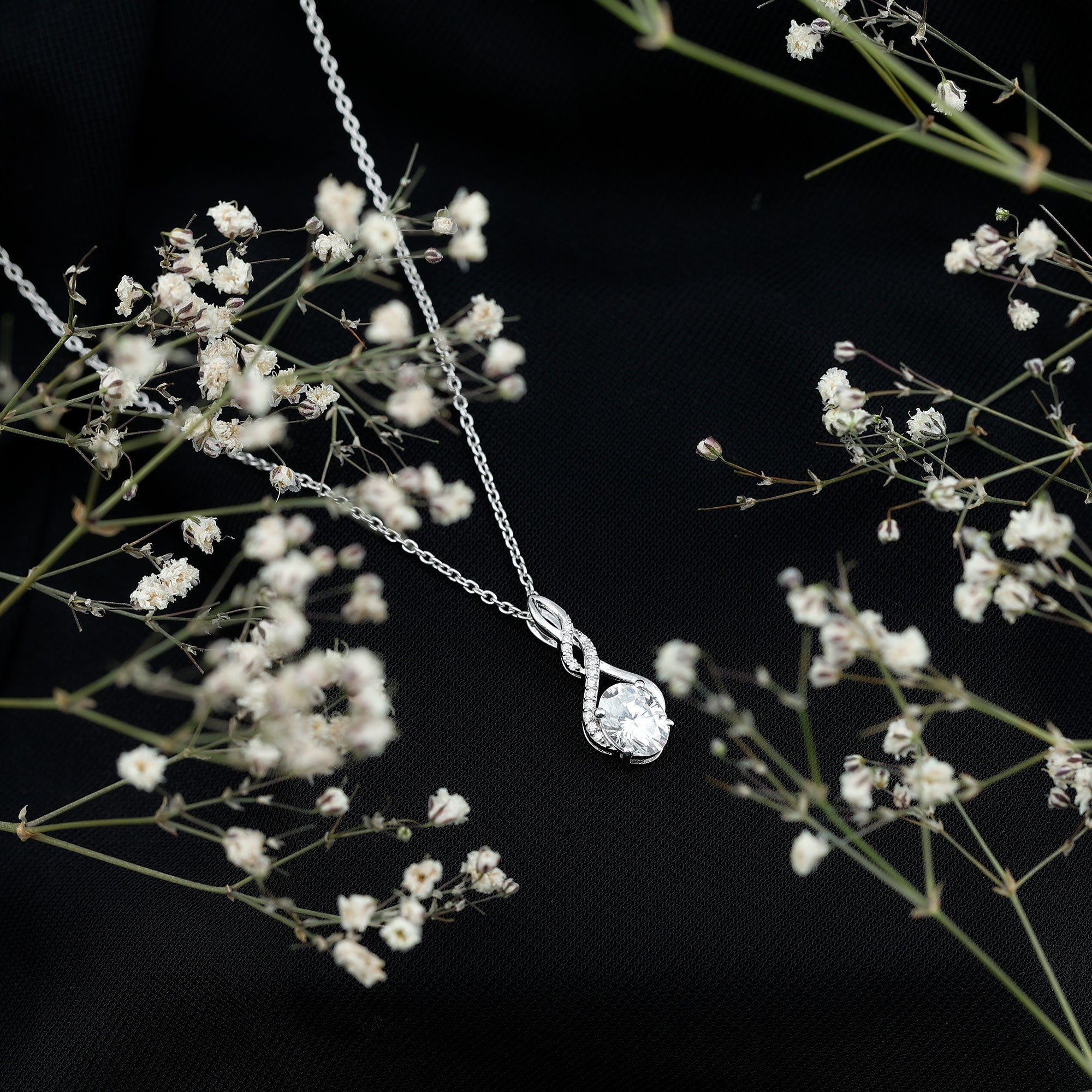 Moissanite Infinity Pendant Necklace in Sterling Silver