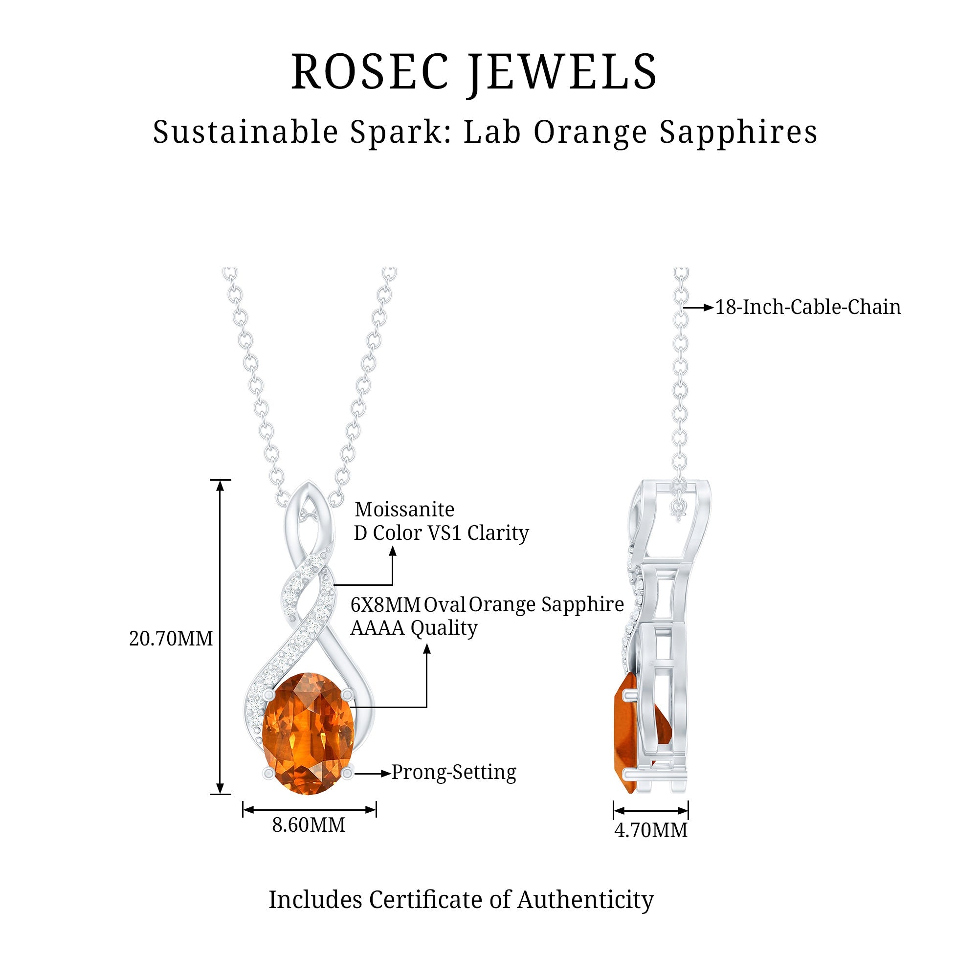 Lab Grown Orange Sapphire Moissanite Pendant Necklace With Silver Chain