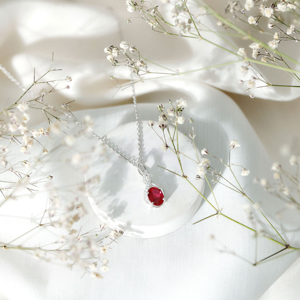 6X8 MM Lab Grown Ruby Wedding Pendant Necklace With Silver Chain